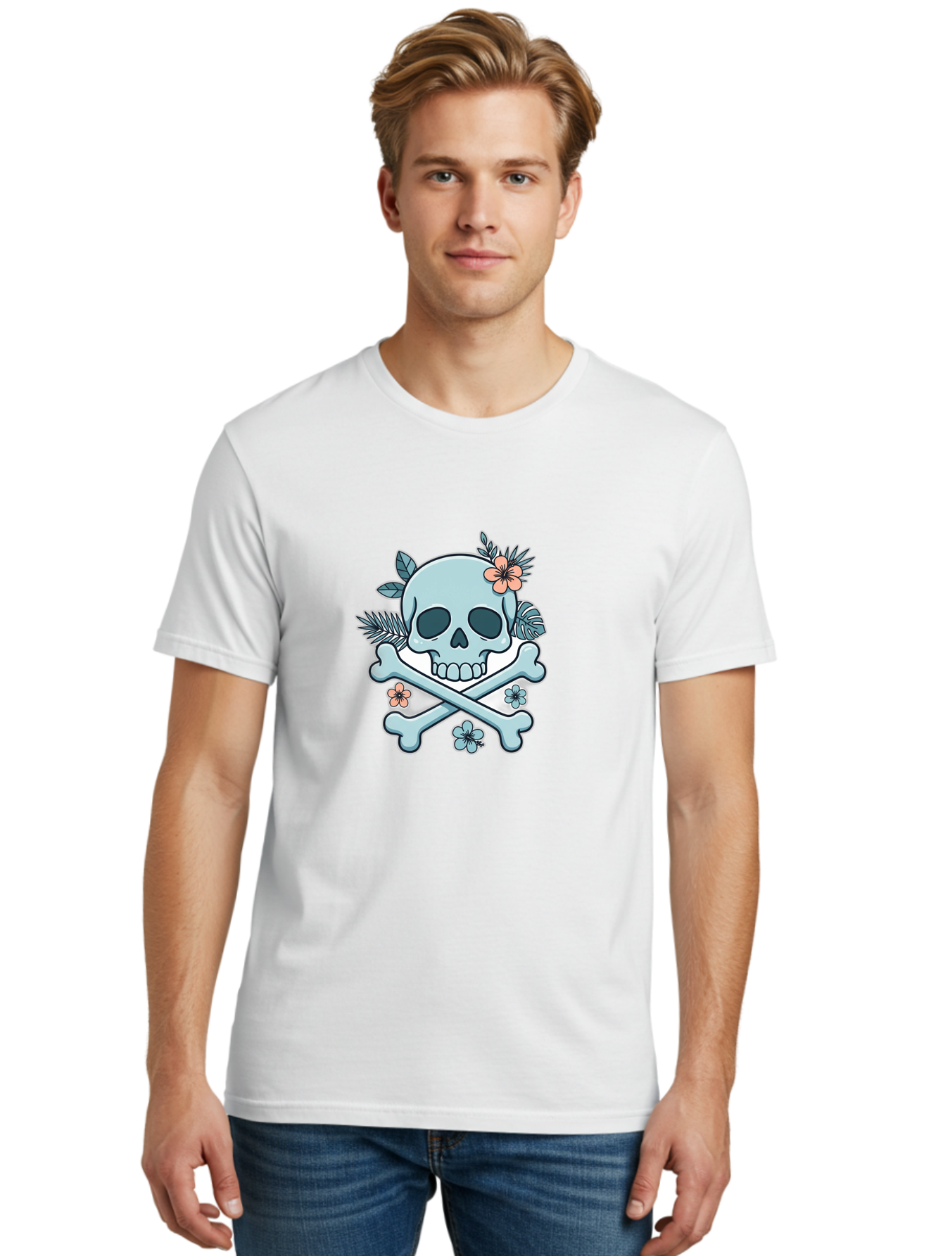 Floral-Skull Men'S Graphic Tee, 100% Cotton, Comfortable Casual Summer Wear, Machine Washable, Skull And Crossbones, Jolly Roger, Pirate Symbol, Floral Design, Colorful Tattoo Art, Gothic Decoration, Crossbones With Flowers, Flower Skull, Bae451