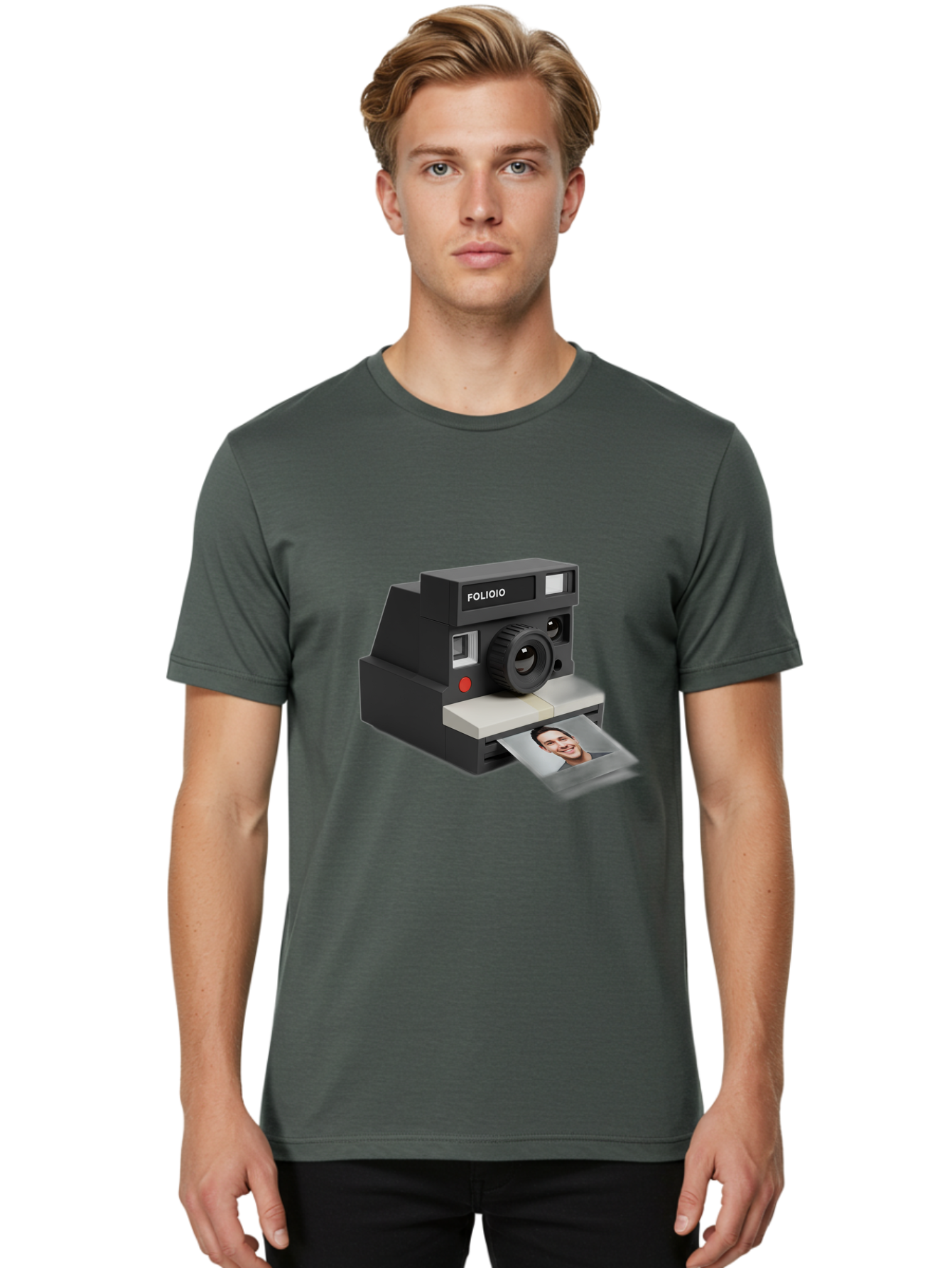Folioio-Polaroid-Camera Men'S Graphic Tee, 100% Cotton, Comfortable Casual Summer Wear, Machine Washable, Instant Camera, Folioio Brand, Printing Photo, Smiling Woman, Instant Photography, Retro Style, Digital Print, Camera Technology Bae452