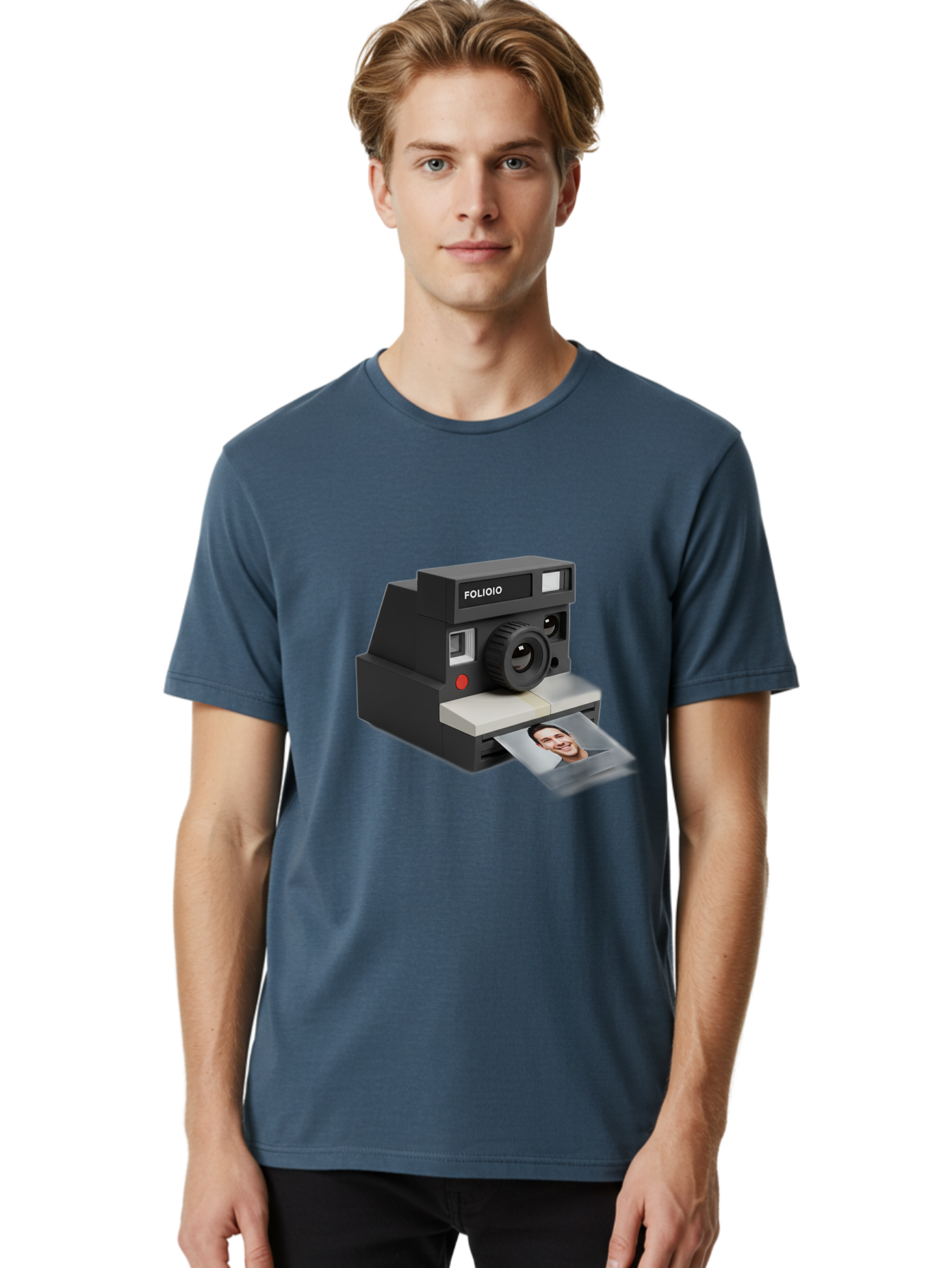 Folioio-Polaroid-Camera Men'S Graphic Tee, 100% Cotton, Comfortable Casual Summer Wear, Machine Washable, Instant Camera, Folioio Brand, Printing Photo, Smiling Woman, Instant Photography, Retro Style, Digital Print, Camera Technology Bae452