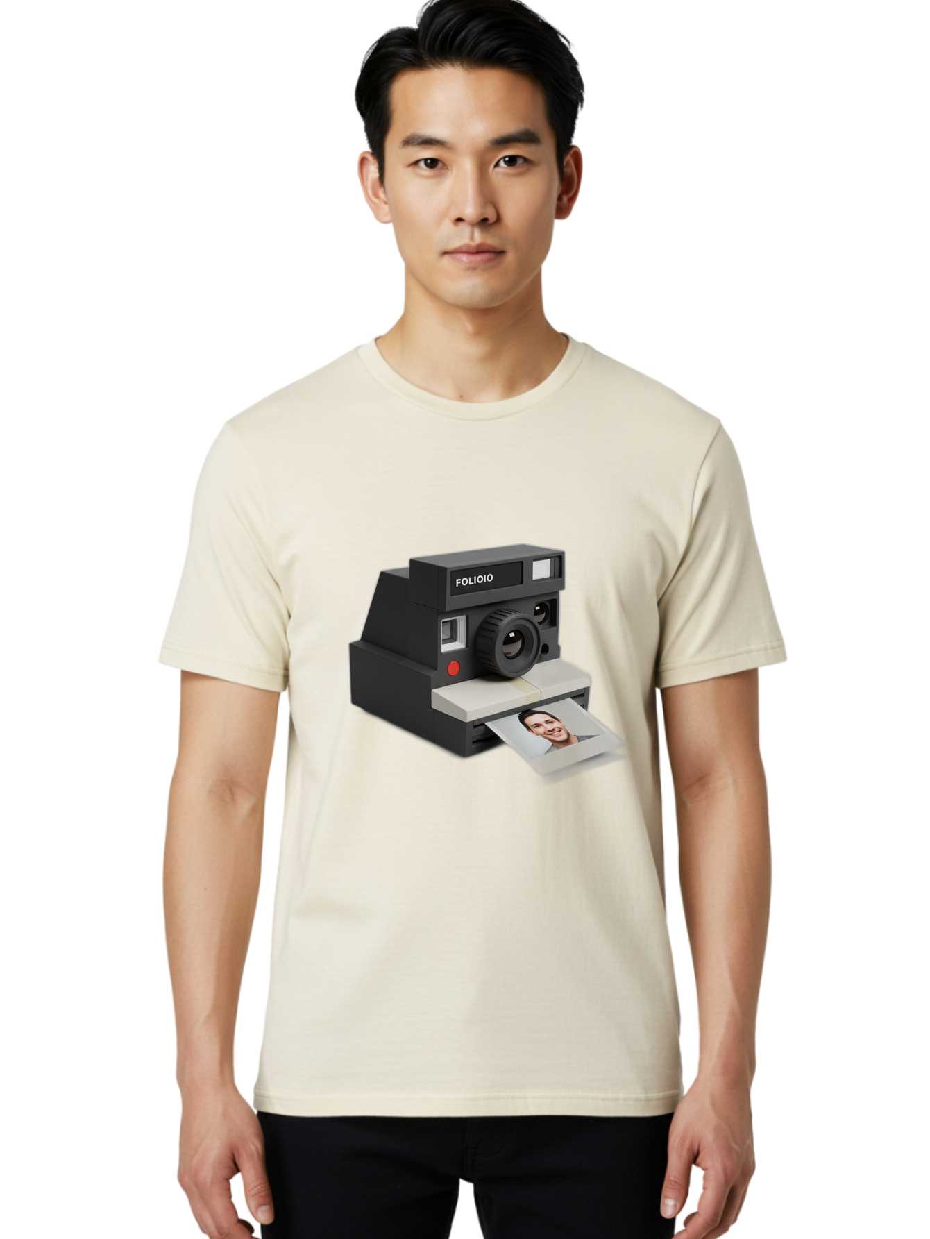 Folioio-Polaroid-Camera Men'S Graphic Tee, 100% Cotton, Comfortable Casual Summer Wear, Machine Washable, Instant Camera, Folioio Brand, Printing Photo, Smiling Woman, Instant Photography, Retro Style, Digital Print, Camera Technology Bae452