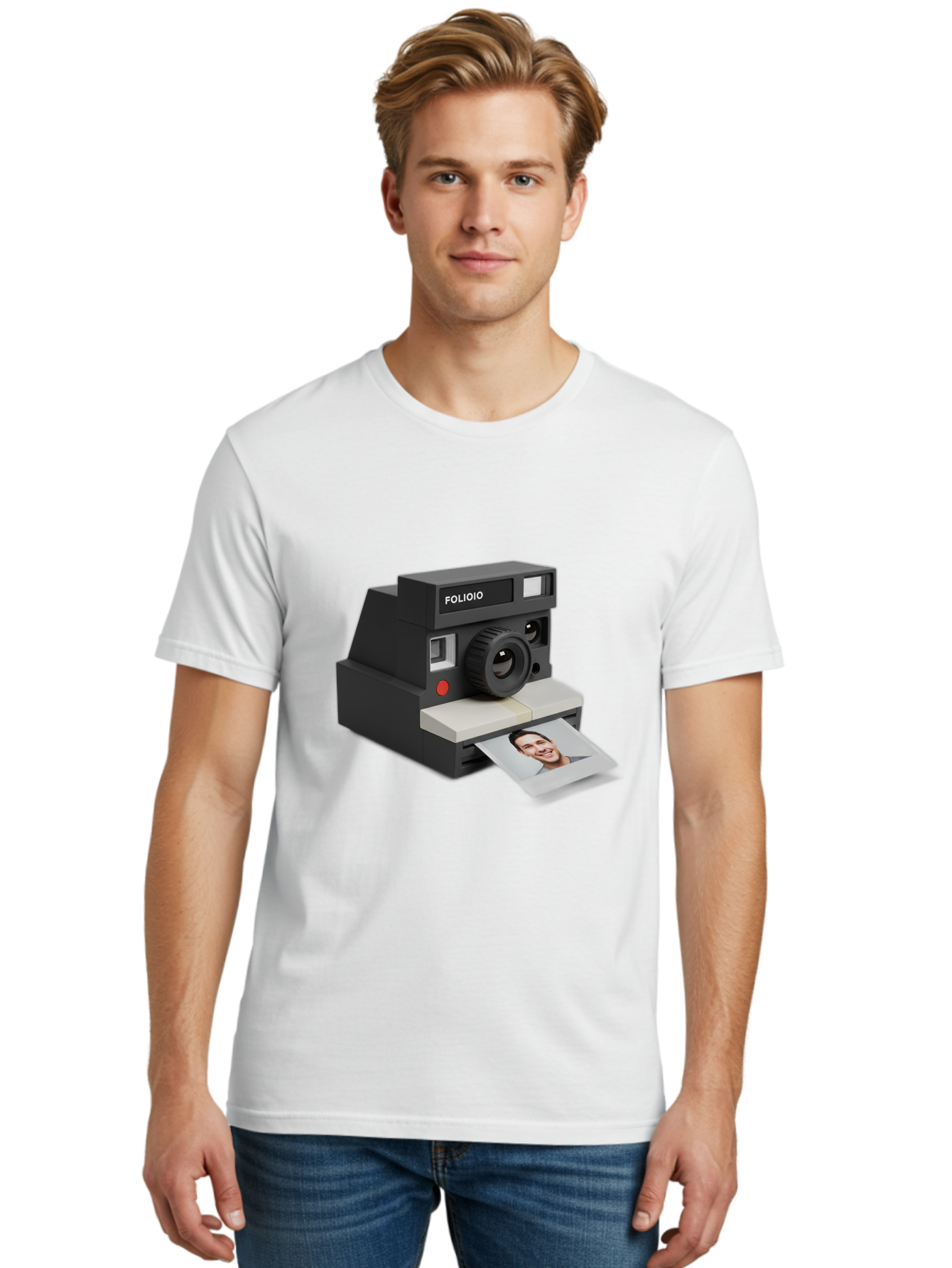 Folioio-Polaroid-Camera Men'S Graphic Tee, 100% Cotton, Comfortable Casual Summer Wear, Machine Washable, Instant Camera, Folioio Brand, Printing Photo, Smiling Woman, Instant Photography, Retro Style, Digital Print, Camera Technology Bae452