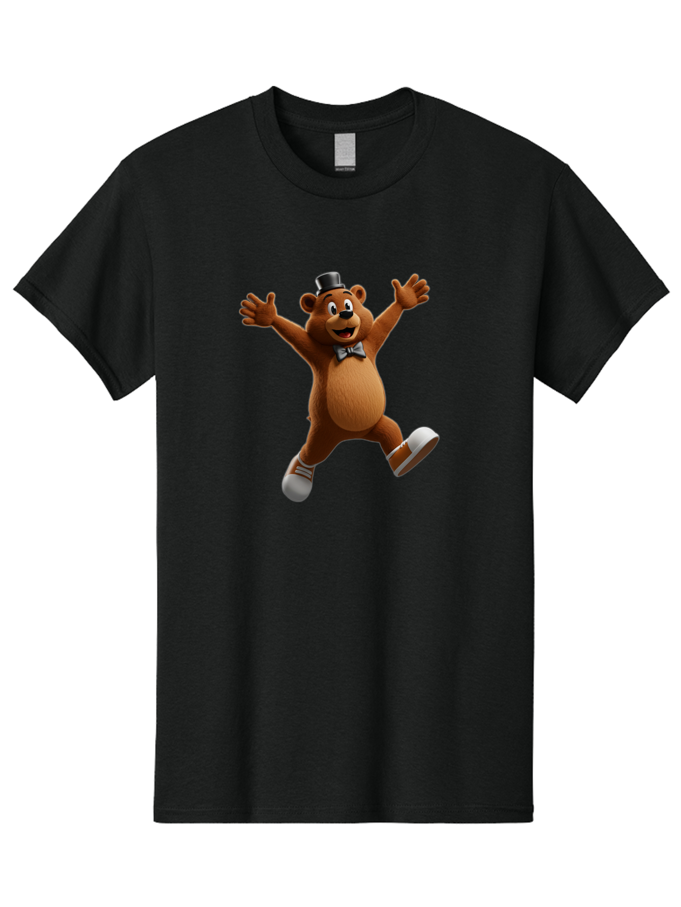Freddy-Fazbear Men'S Graphic Tee, 100% Cotton, Comfortable Casual Summer Wear, Machine Washable, Cartoon Bear, Dancing Bear, Top Hat, Bow Tie, White Shoes, Playful Expression, Energetic Pose, Animated Character, 3D Rendering, Fun, Lively, Bae453