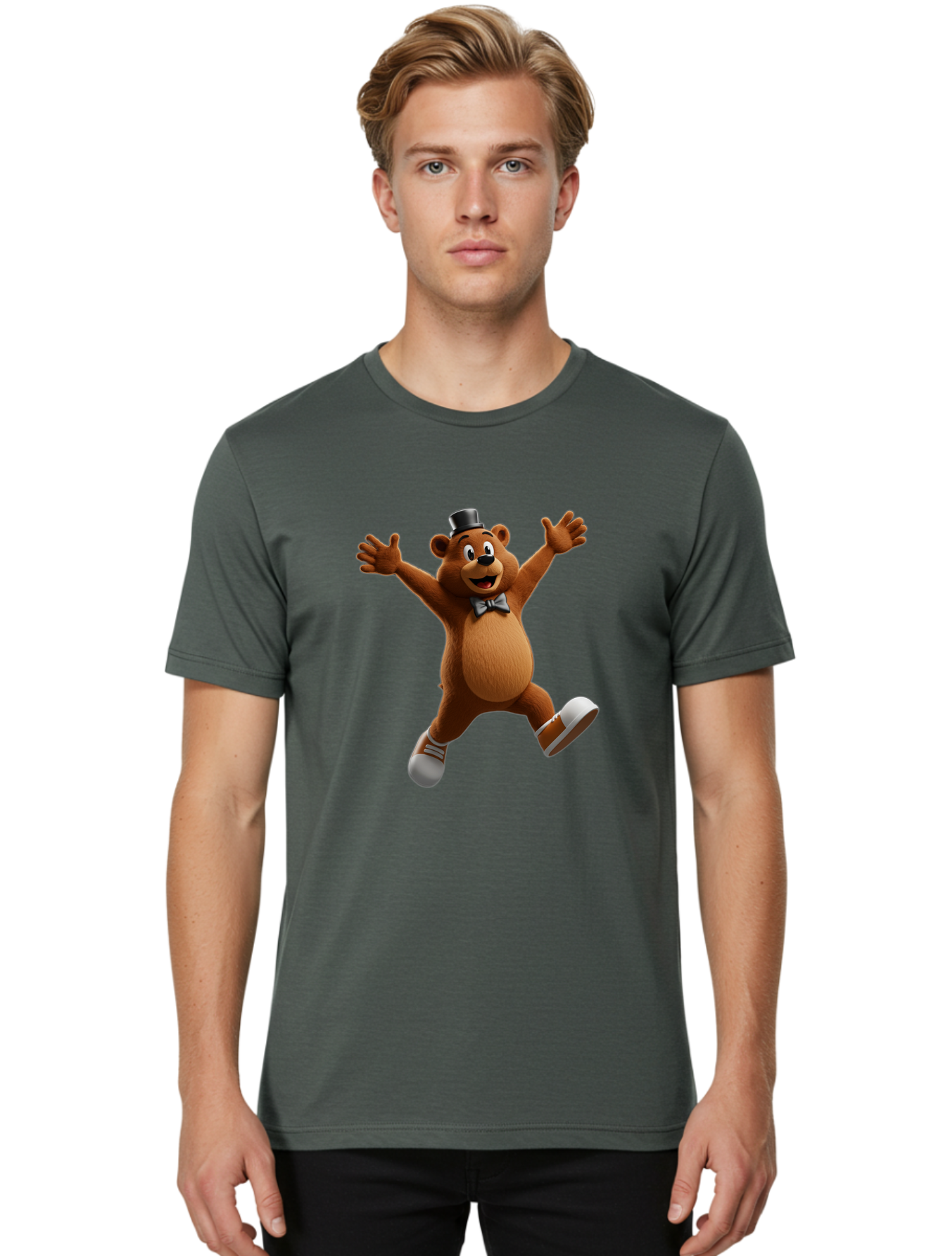Freddy-Fazbear Men'S Graphic Tee, 100% Cotton, Comfortable Casual Summer Wear, Machine Washable, Cartoon Bear, Dancing Bear, Top Hat, Bow Tie, White Shoes, Playful Expression, Energetic Pose, Animated Character, 3D Rendering, Fun, Lively, Bae453