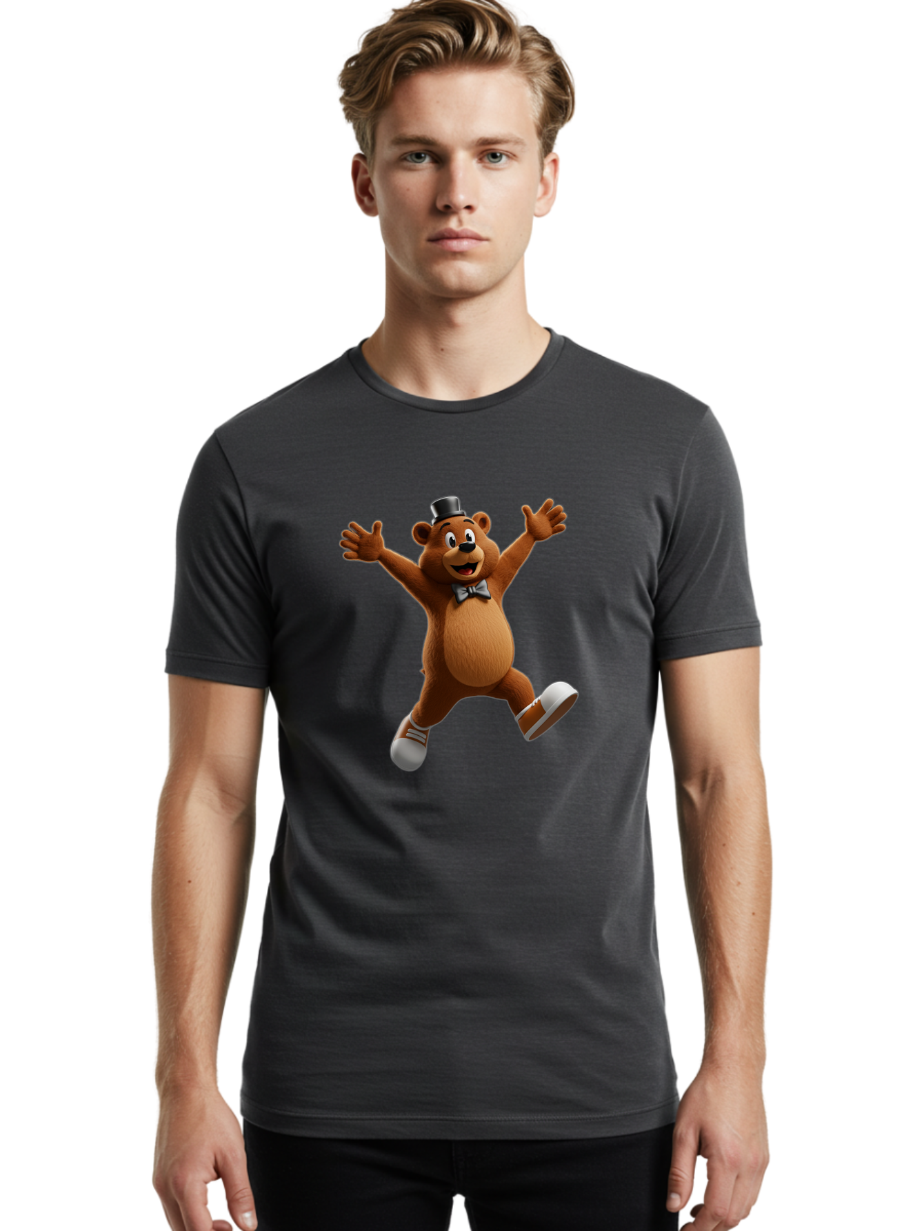 Freddy-Fazbear Men'S Graphic Tee, 100% Cotton, Comfortable Casual Summer Wear, Machine Washable, Cartoon Bear, Dancing Bear, Top Hat, Bow Tie, White Shoes, Playful Expression, Energetic Pose, Animated Character, 3D Rendering, Fun, Lively, Bae453