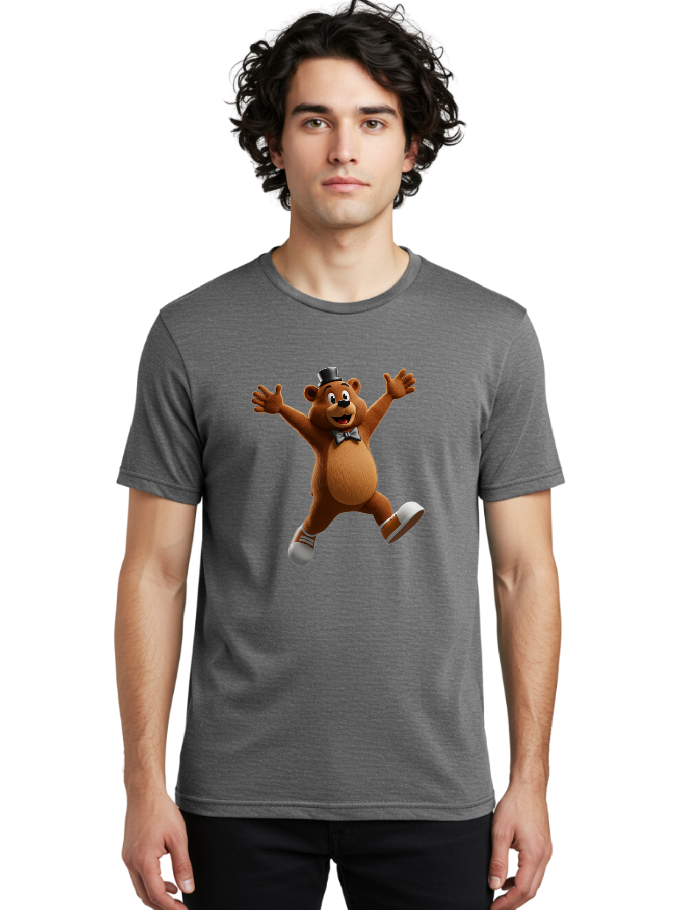 Freddy-Fazbear Men'S Graphic Tee, 100% Cotton, Comfortable Casual Summer Wear, Machine Washable, Cartoon Bear, Dancing Bear, Top Hat, Bow Tie, White Shoes, Playful Expression, Energetic Pose, Animated Character, 3D Rendering, Fun, Lively, Bae453