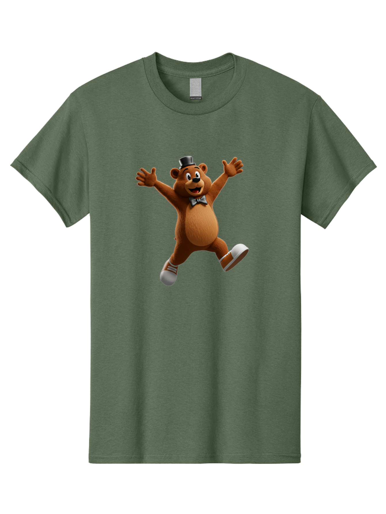 Freddy-Fazbear Men'S Graphic Tee, 100% Cotton, Comfortable Casual Summer Wear, Machine Washable, Cartoon Bear, Dancing Bear, Top Hat, Bow Tie, White Shoes, Playful Expression, Energetic Pose, Animated Character, 3D Rendering, Fun, Lively, Bae453
