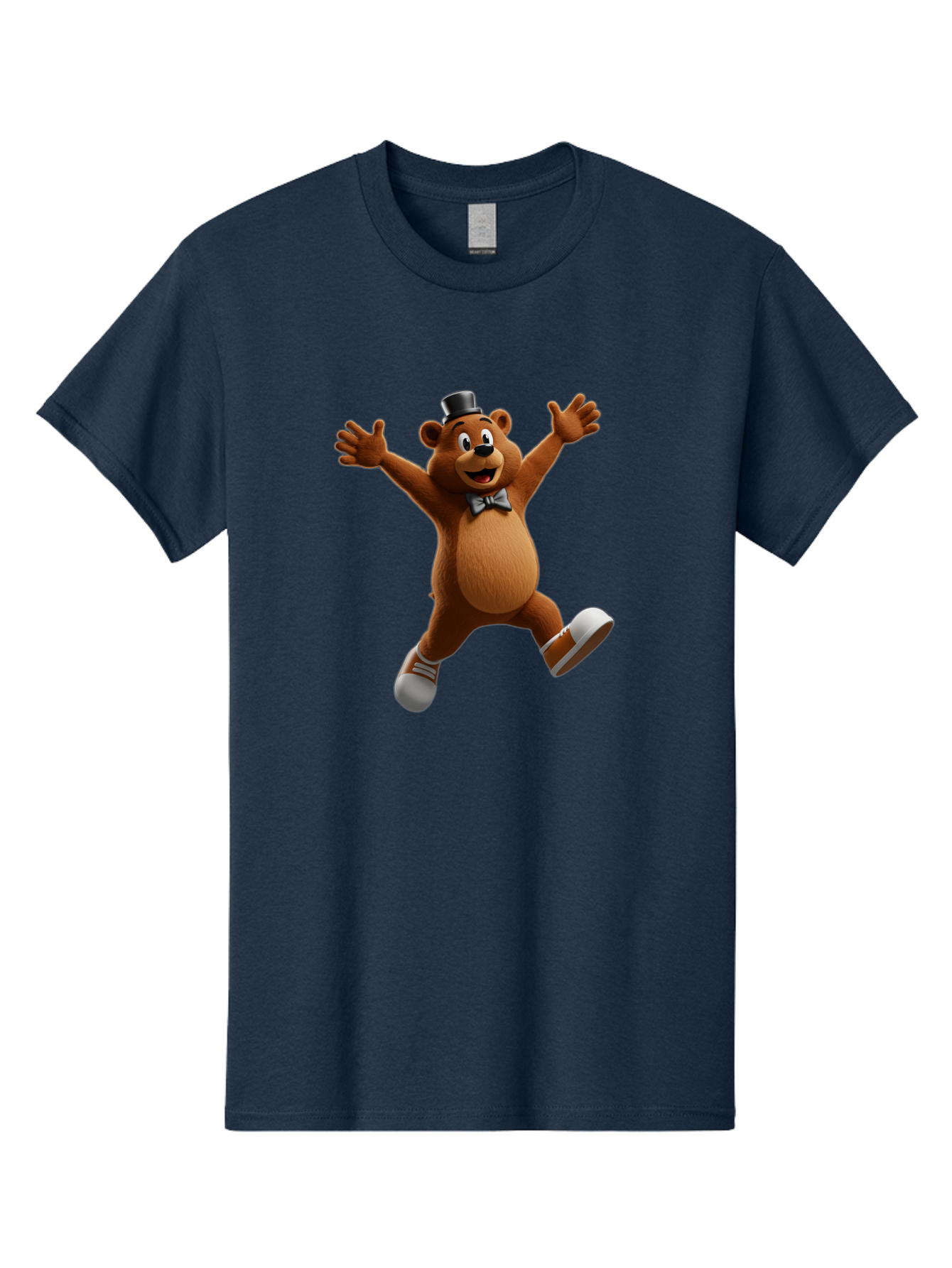 Freddy-Fazbear Men'S Graphic Tee, 100% Cotton, Comfortable Casual Summer Wear, Machine Washable, Cartoon Bear, Dancing Bear, Top Hat, Bow Tie, White Shoes, Playful Expression, Energetic Pose, Animated Character, 3D Rendering, Fun, Lively, Bae453