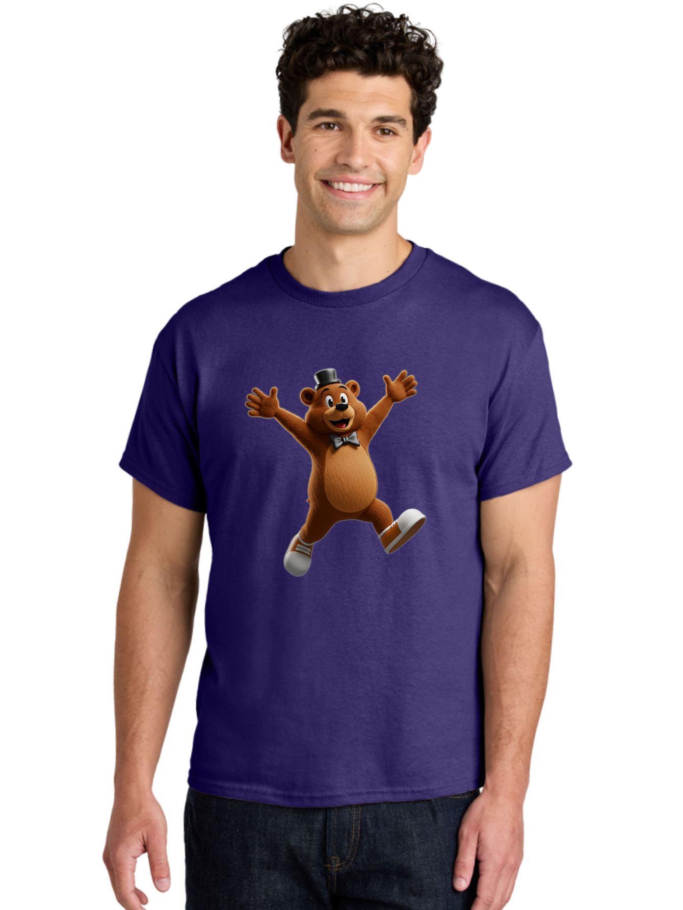 Freddy-Fazbear Men'S Graphic Tee, 100% Cotton, Comfortable Casual Summer Wear, Machine Washable, Cartoon Bear, Dancing Bear, Top Hat, Bow Tie, White Shoes, Playful Expression, Energetic Pose, Animated Character, 3D Rendering, Fun, Lively, Bae453