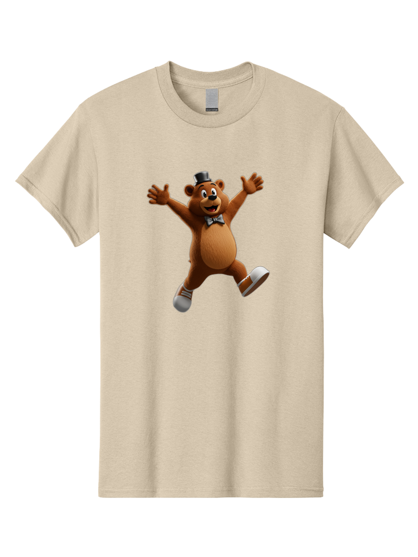 Freddy-Fazbear Men'S Graphic Tee, 100% Cotton, Comfortable Casual Summer Wear, Machine Washable, Cartoon Bear, Dancing Bear, Top Hat, Bow Tie, White Shoes, Playful Expression, Energetic Pose, Animated Character, 3D Rendering, Fun, Lively, Bae453