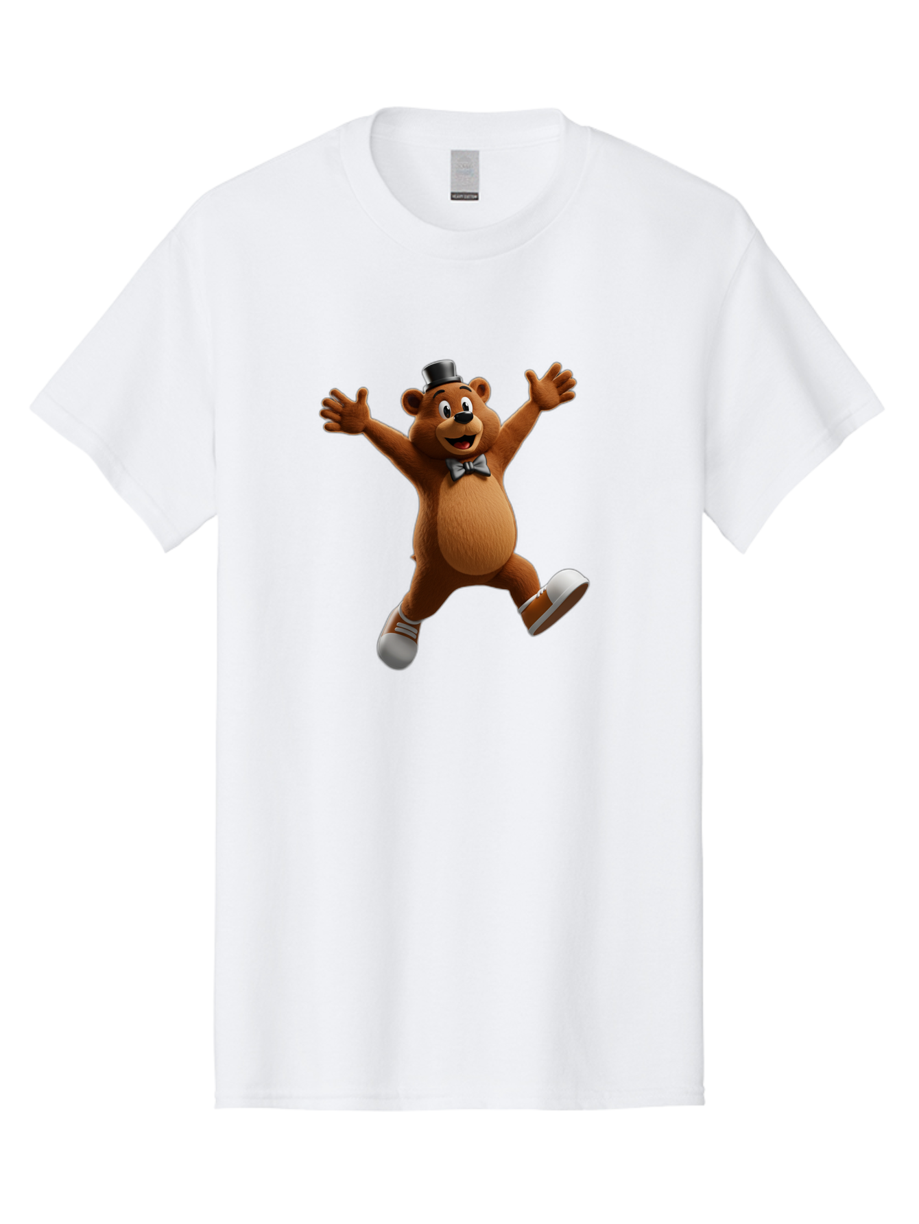 Freddy-Fazbear Men'S Graphic Tee, 100% Cotton, Comfortable Casual Summer Wear, Machine Washable, Cartoon Bear, Dancing Bear, Top Hat, Bow Tie, White Shoes, Playful Expression, Energetic Pose, Animated Character, 3D Rendering, Fun, Lively, Bae453