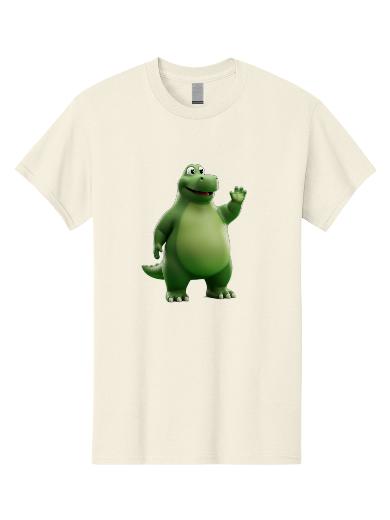 Friendly-Dinosaur Men'S Graphic Tee, 100% Cotton, Comfortable Casual Summer Wear, Machine Washable, Cartoon Dinosaur, Green Dinosaur Character, Friendly Dino, Animated Creature, Dinosaur Waving, Kids Cartoon Character, Dinosaur Illustration, Bae454