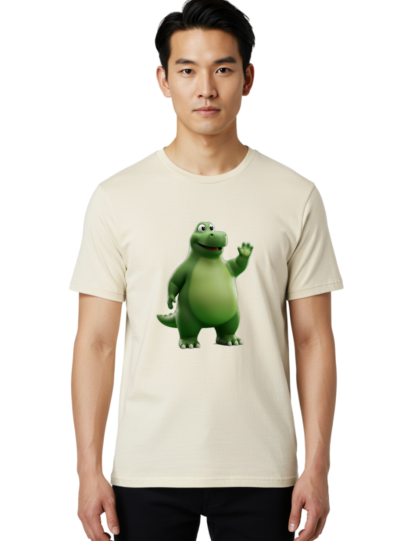 Friendly-Dinosaur Men'S Graphic Tee, 100% Cotton, Comfortable Casual Summer Wear, Machine Washable, Cartoon Dinosaur, Green Dinosaur Character, Friendly Dino, Animated Creature, Dinosaur Waving, Kids Cartoon Character, Dinosaur Illustration, Bae454