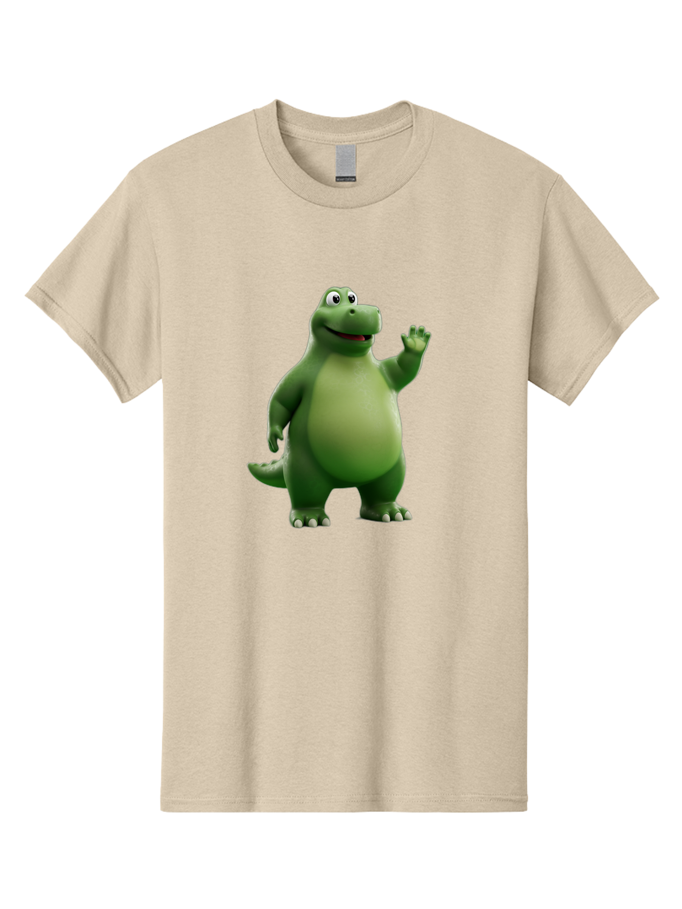 Friendly-Dinosaur Men'S Graphic Tee, 100% Cotton, Comfortable Casual Summer Wear, Machine Washable, Cartoon Dinosaur, Green Dinosaur Character, Friendly Dino, Animated Creature, Dinosaur Waving, Kids Cartoon Character, Dinosaur Illustration, Bae454