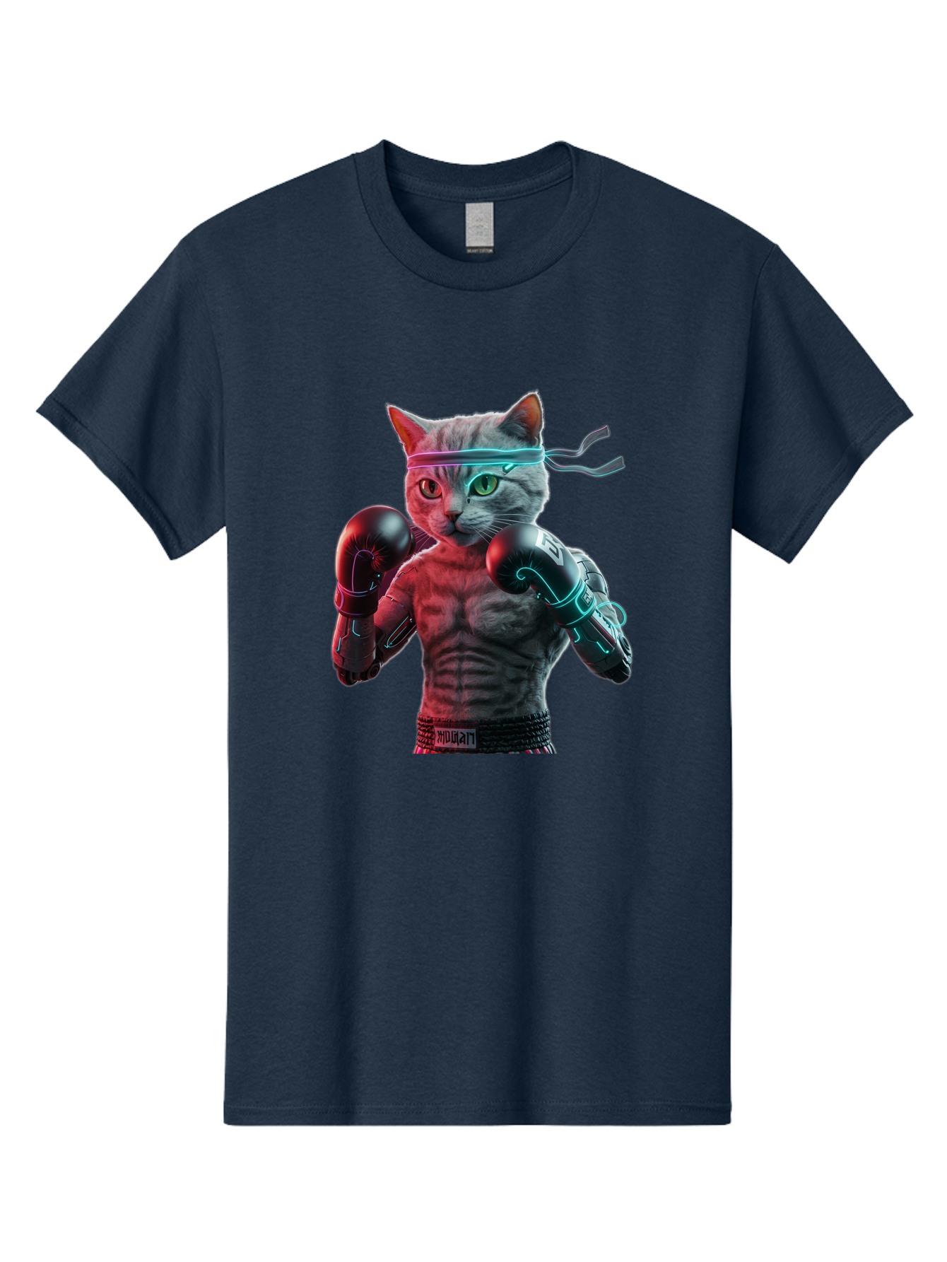 Futuristic-Cat-Boxer Men'S Graphic Tee, 100% Cotton, Comfortable Casual Summer Wear, Machine Washable, Cat Wearing Boxing Gloves, Futuristic Cat, Muscular Body, Cyberpunk Style, Neon Lights, Athletic Pose, Fighting Stance, Boxing Cat Bae455