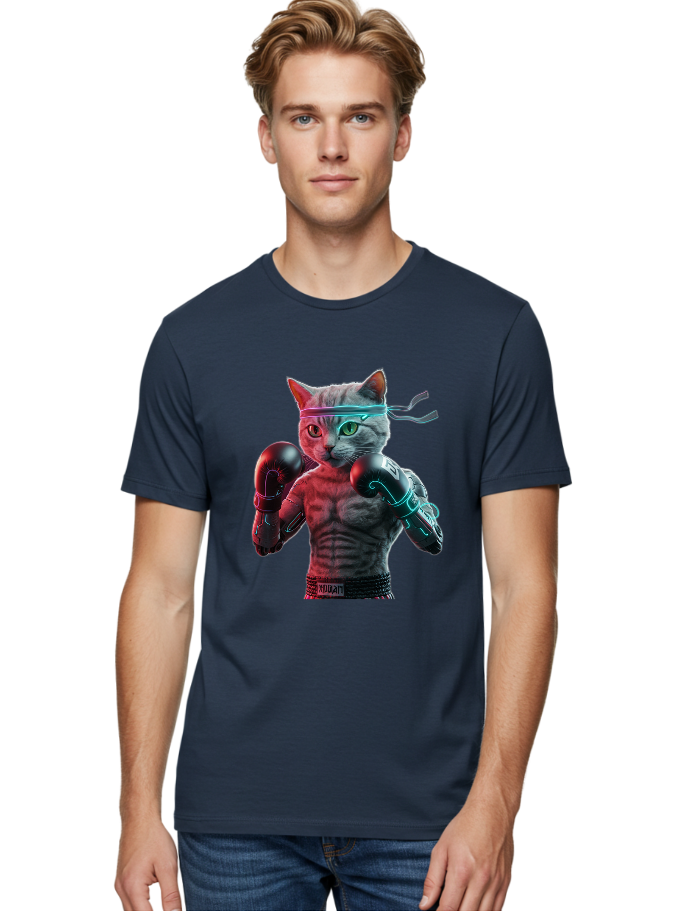Futuristic-Cat-Boxer Men'S Graphic Tee, 100% Cotton, Comfortable Casual Summer Wear, Machine Washable, Cat Wearing Boxing Gloves, Futuristic Cat, Muscular Body, Cyberpunk Style, Neon Lights, Athletic Pose, Fighting Stance, Boxing Cat Bae455