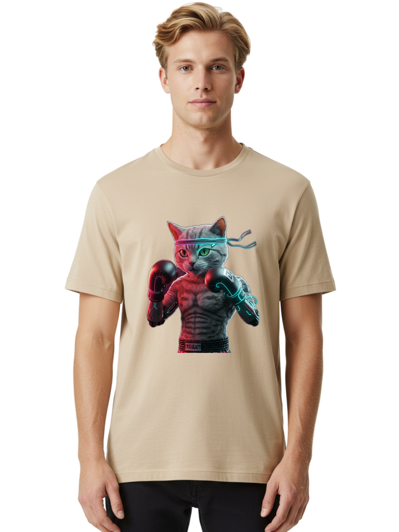 Futuristic-Cat-Boxer Men'S Graphic Tee, 100% Cotton, Comfortable Casual Summer Wear, Machine Washable, Cat Wearing Boxing Gloves, Futuristic Cat, Muscular Body, Cyberpunk Style, Neon Lights, Athletic Pose, Fighting Stance, Boxing Cat Bae455