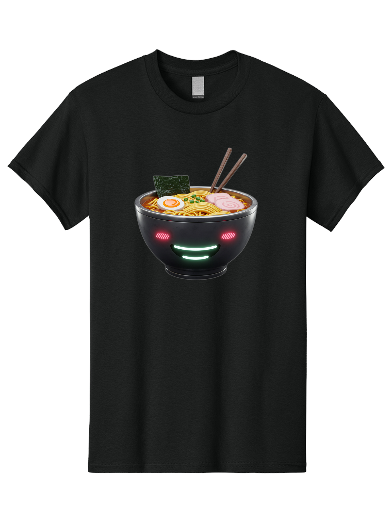 Glowing-Ramen Men'S Graphic Tee, 100% Cotton, Comfortable Casual Summer Wear, Machine Washable, Bowl Of Ramen, Steaming Hot Noodles, Sliced Pork, Boiled Egg, Seaweed, Chopsticks, Glowing Eyes, Futuristic Bowl, Cyberpunk Food, Neon Lights, Bae456
