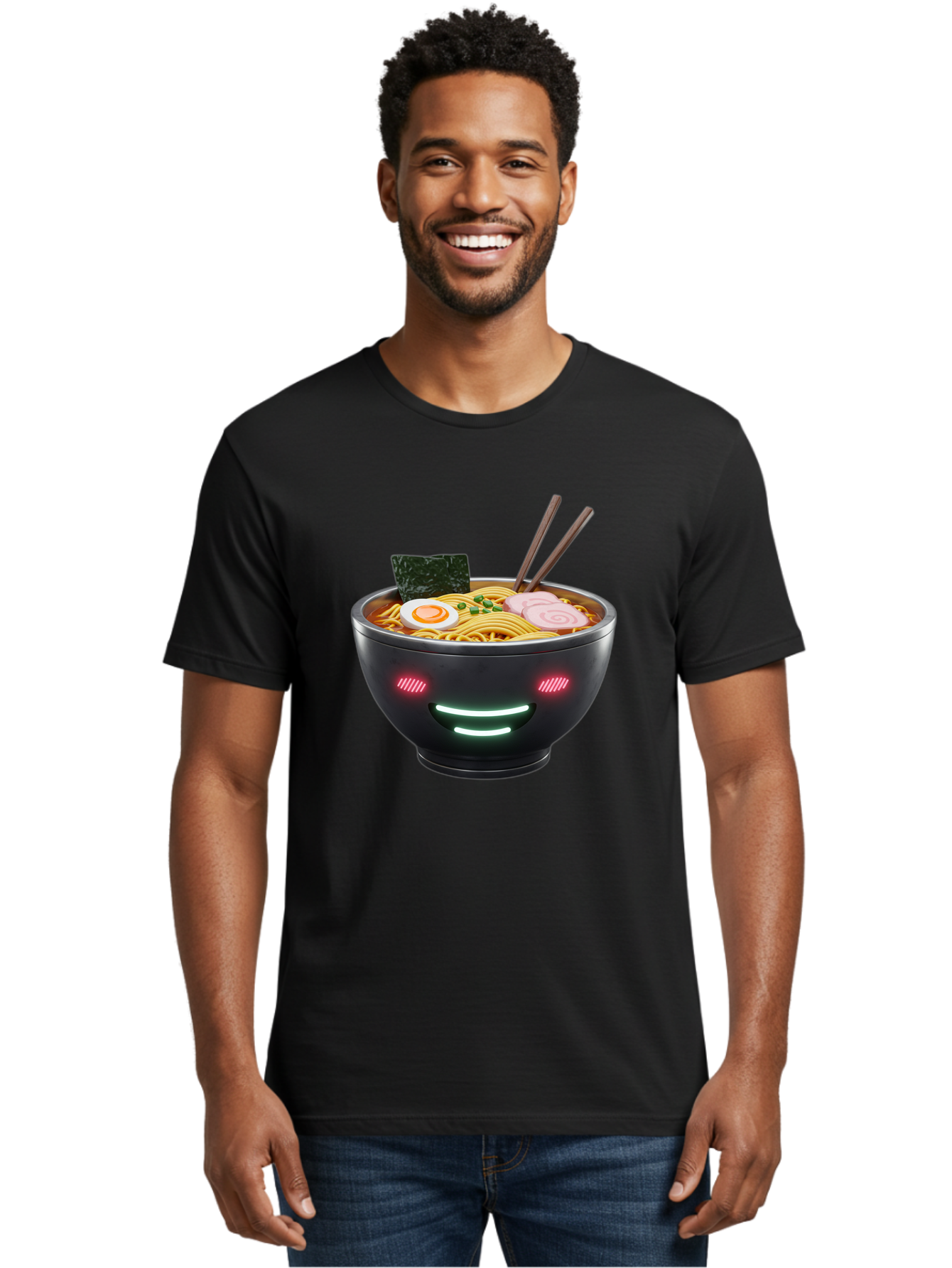 Glowing-Ramen Men'S Graphic Tee, 100% Cotton, Comfortable Casual Summer Wear, Machine Washable, Bowl Of Ramen, Steaming Hot Noodles, Sliced Pork, Boiled Egg, Seaweed, Chopsticks, Glowing Eyes, Futuristic Bowl, Cyberpunk Food, Neon Lights, Bae456