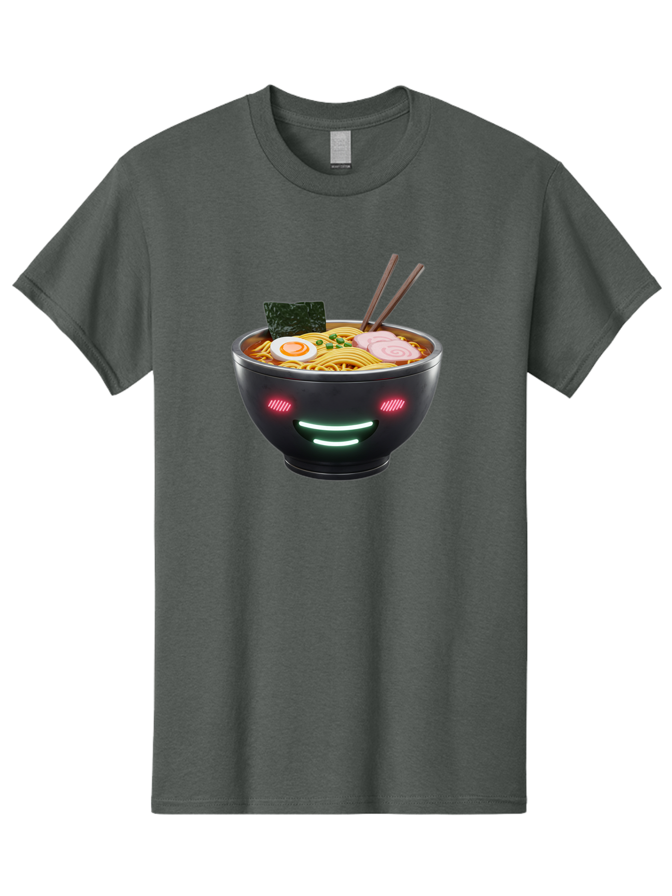 Glowing-Ramen Men'S Graphic Tee, 100% Cotton, Comfortable Casual Summer Wear, Machine Washable, Bowl Of Ramen, Steaming Hot Noodles, Sliced Pork, Boiled Egg, Seaweed, Chopsticks, Glowing Eyes, Futuristic Bowl, Cyberpunk Food, Neon Lights, Bae456