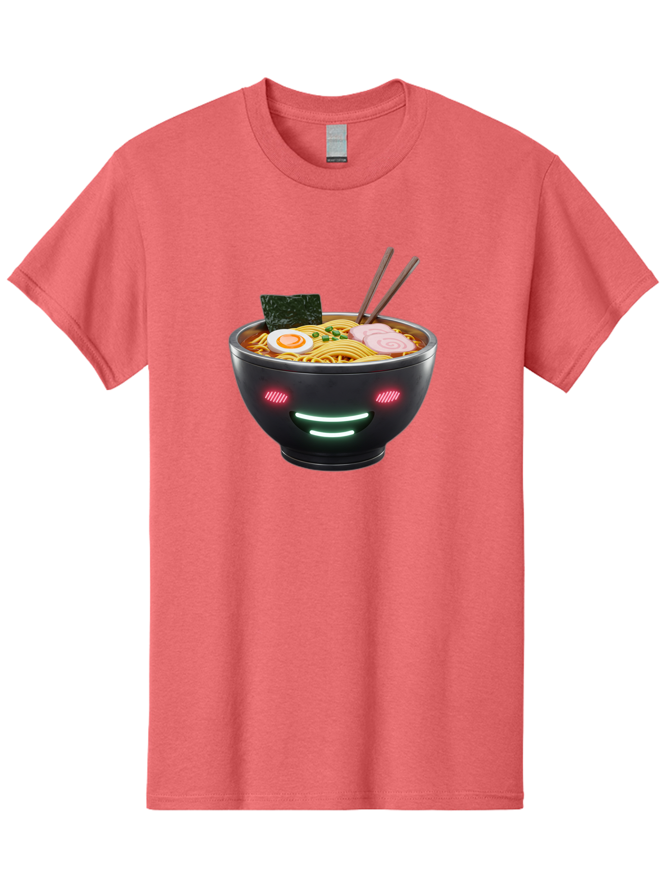 Glowing-Ramen Men'S Graphic Tee, 100% Cotton, Comfortable Casual Summer Wear, Machine Washable, Bowl Of Ramen, Steaming Hot Noodles, Sliced Pork, Boiled Egg, Seaweed, Chopsticks, Glowing Eyes, Futuristic Bowl, Cyberpunk Food, Neon Lights, Bae456