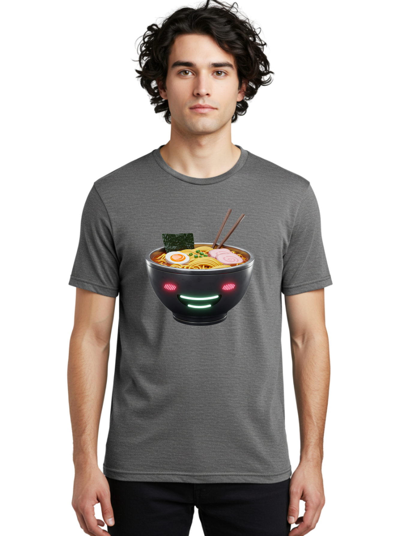 Glowing-Ramen Men'S Graphic Tee, 100% Cotton, Comfortable Casual Summer Wear, Machine Washable, Bowl Of Ramen, Steaming Hot Noodles, Sliced Pork, Boiled Egg, Seaweed, Chopsticks, Glowing Eyes, Futuristic Bowl, Cyberpunk Food, Neon Lights, Bae456