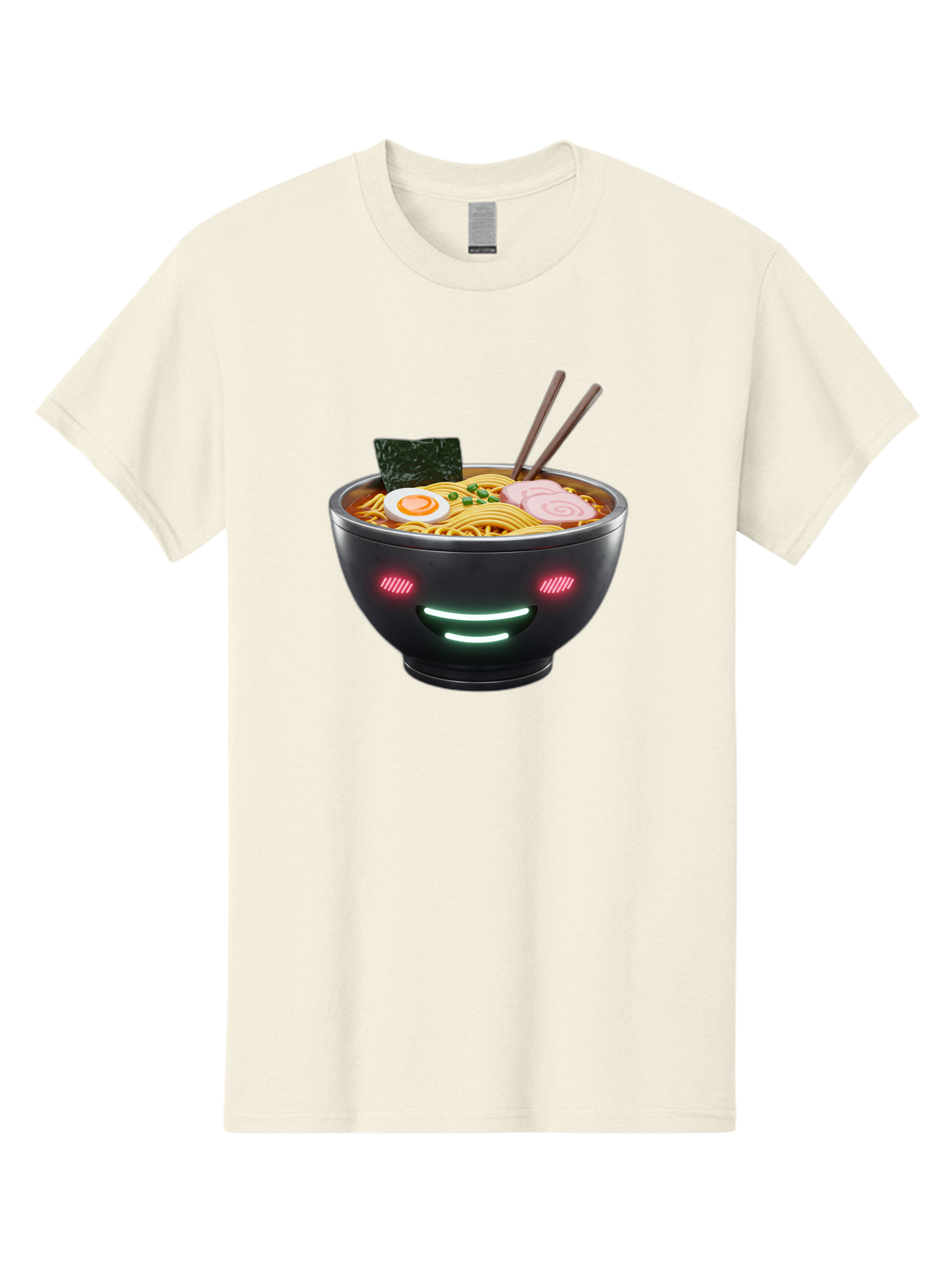 Glowing-Ramen Men'S Graphic Tee, 100% Cotton, Comfortable Casual Summer Wear, Machine Washable, Bowl Of Ramen, Steaming Hot Noodles, Sliced Pork, Boiled Egg, Seaweed, Chopsticks, Glowing Eyes, Futuristic Bowl, Cyberpunk Food, Neon Lights, Bae456