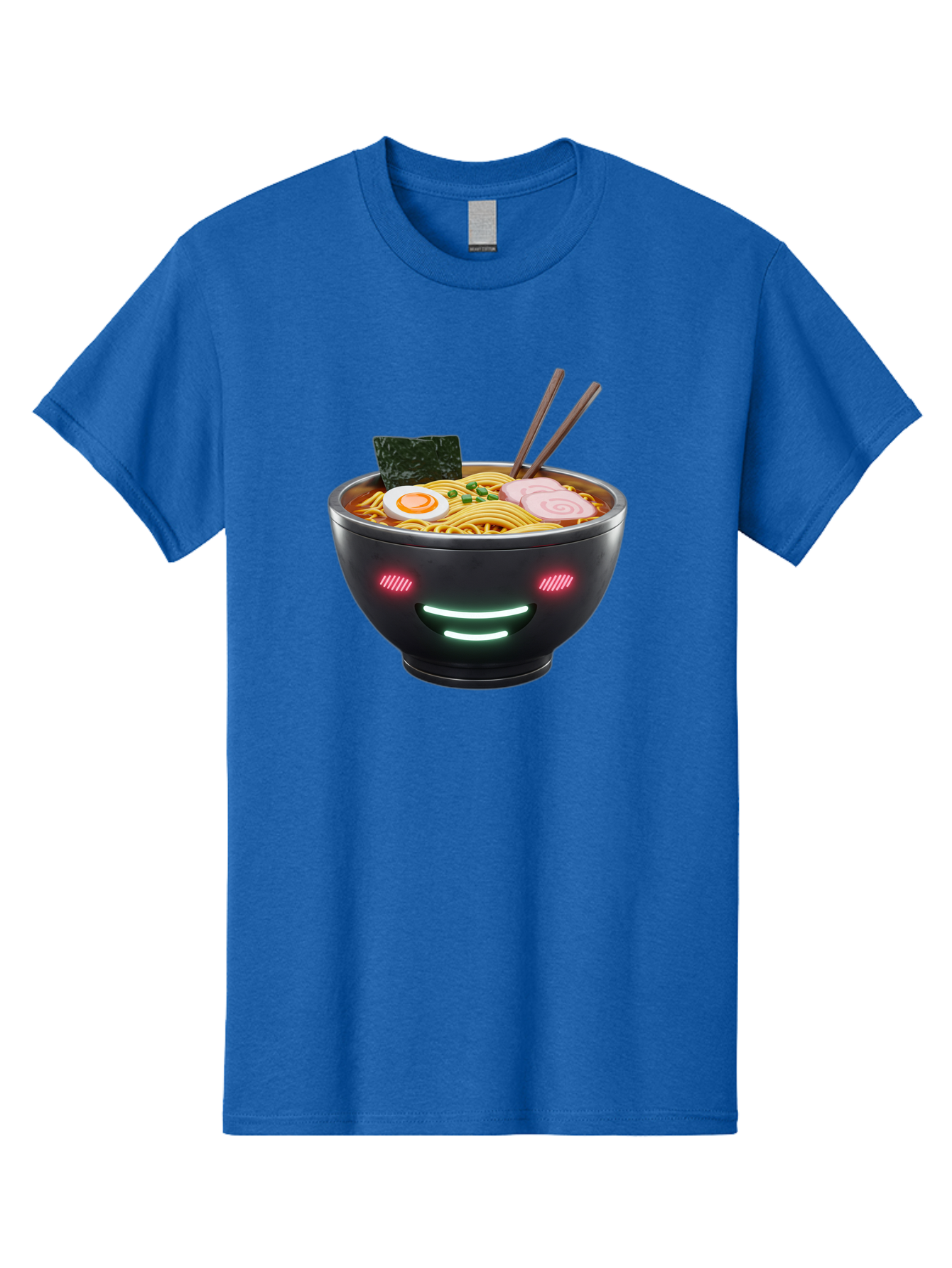 Glowing-Ramen Men'S Graphic Tee, 100% Cotton, Comfortable Casual Summer Wear, Machine Washable, Bowl Of Ramen, Steaming Hot Noodles, Sliced Pork, Boiled Egg, Seaweed, Chopsticks, Glowing Eyes, Futuristic Bowl, Cyberpunk Food, Neon Lights, Bae456