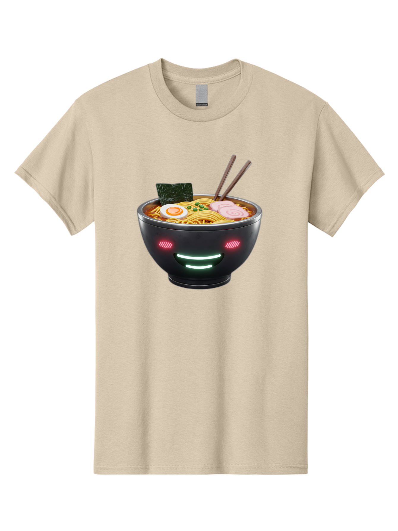 Glowing-Ramen Men'S Graphic Tee, 100% Cotton, Comfortable Casual Summer Wear, Machine Washable, Bowl Of Ramen, Steaming Hot Noodles, Sliced Pork, Boiled Egg, Seaweed, Chopsticks, Glowing Eyes, Futuristic Bowl, Cyberpunk Food, Neon Lights, Bae456