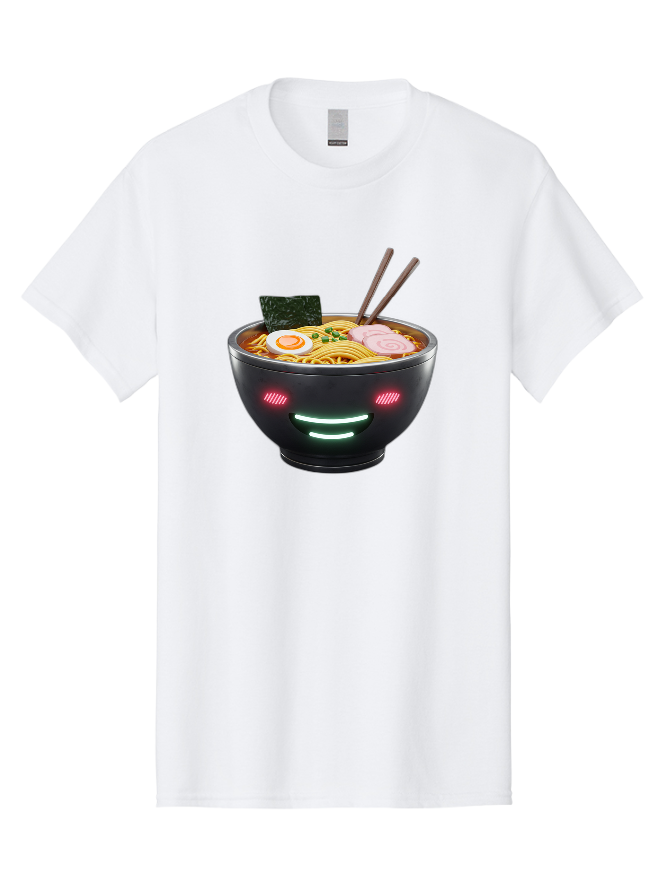 Glowing-Ramen Men'S Graphic Tee, 100% Cotton, Comfortable Casual Summer Wear, Machine Washable, Bowl Of Ramen, Steaming Hot Noodles, Sliced Pork, Boiled Egg, Seaweed, Chopsticks, Glowing Eyes, Futuristic Bowl, Cyberpunk Food, Neon Lights, Bae456