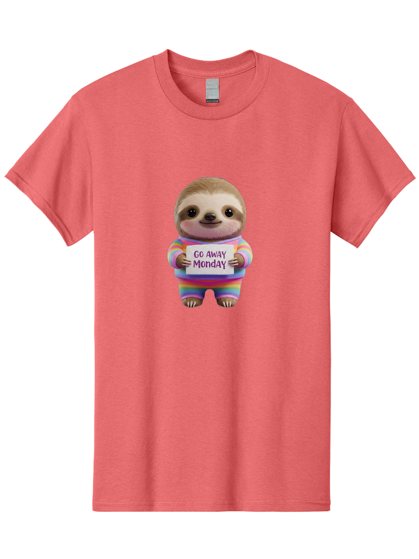 Go-Away-Monday-Sloth-1 Men'S Graphic Tee, 100% Cotton, Comfortable Casual Summer Wear, Machine Washable, Cute Sloth In Rainbow Pajamas, Holding Sign That Says Go Away Monday, Funny Cartoon Character, Humorous Illustration, Lazy Sloth, Bae457