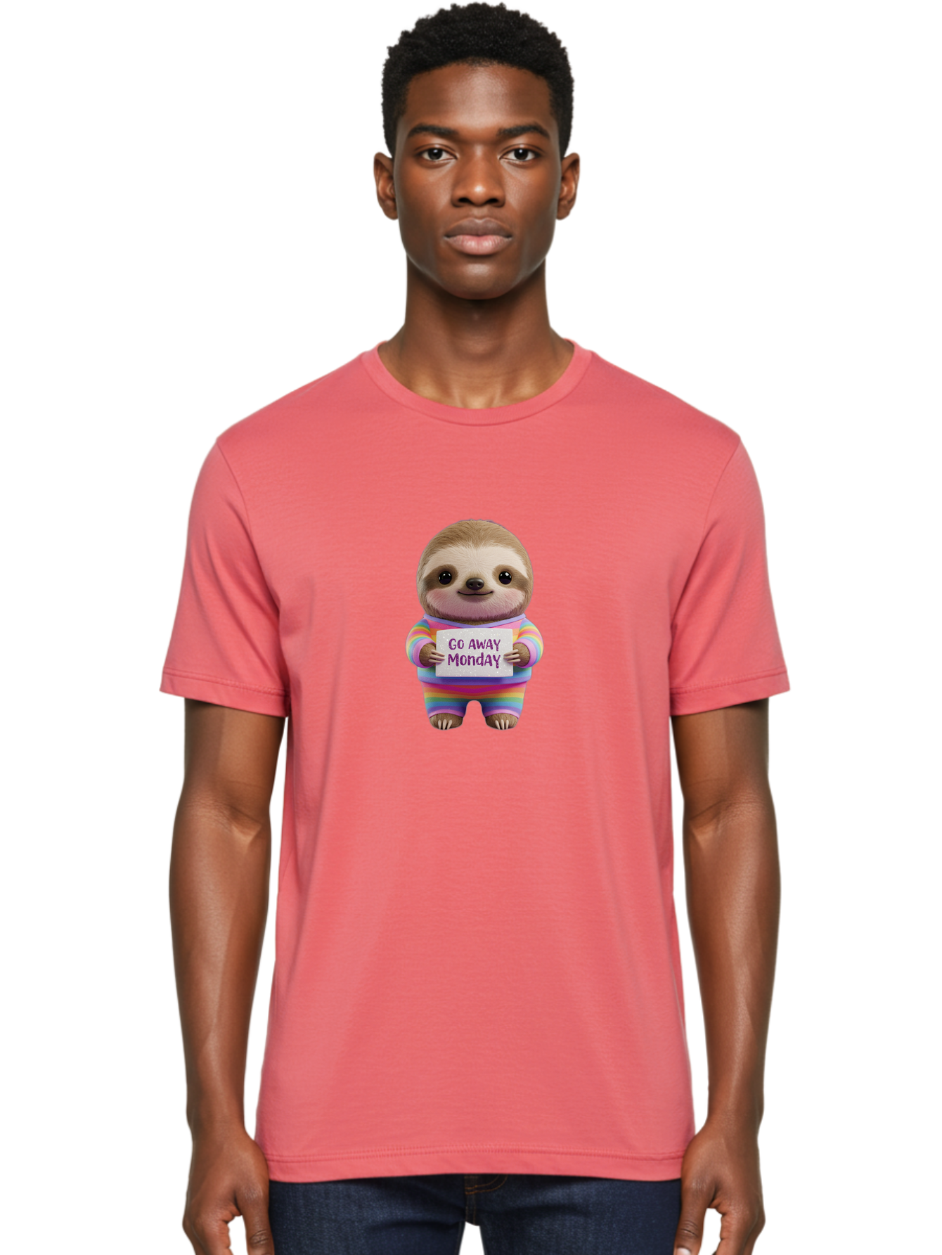 Go-Away-Monday-Sloth-1 Men'S Graphic Tee, 100% Cotton, Comfortable Casual Summer Wear, Machine Washable, Cute Sloth In Rainbow Pajamas, Holding Sign That Says Go Away Monday, Funny Cartoon Character, Humorous Illustration, Lazy Sloth, Bae457