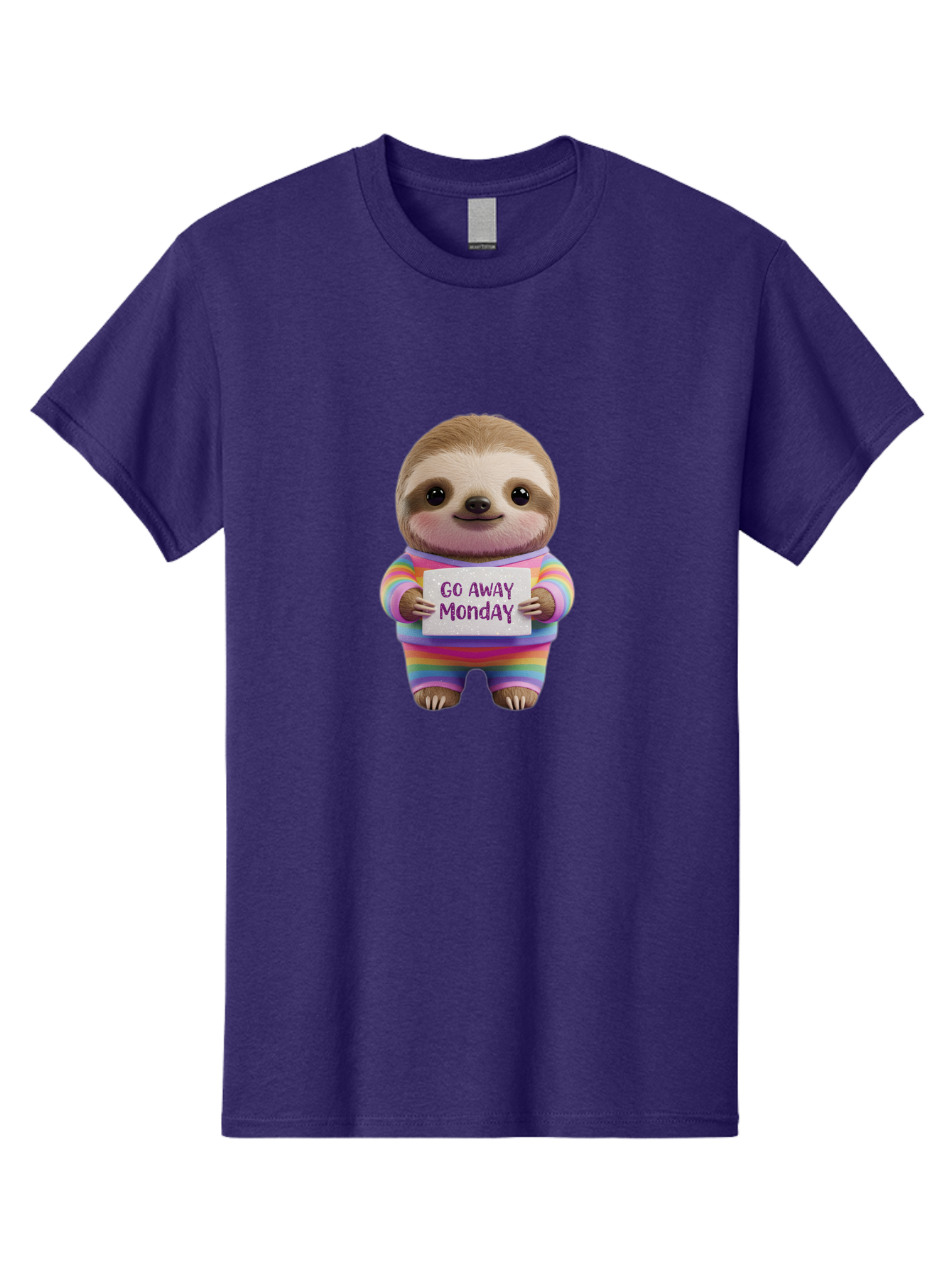 Go-Away-Monday-Sloth-1 Men'S Graphic Tee, 100% Cotton, Comfortable Casual Summer Wear, Machine Washable, Cute Sloth In Rainbow Pajamas, Holding Sign That Says Go Away Monday, Funny Cartoon Character, Humorous Illustration, Lazy Sloth, Bae457