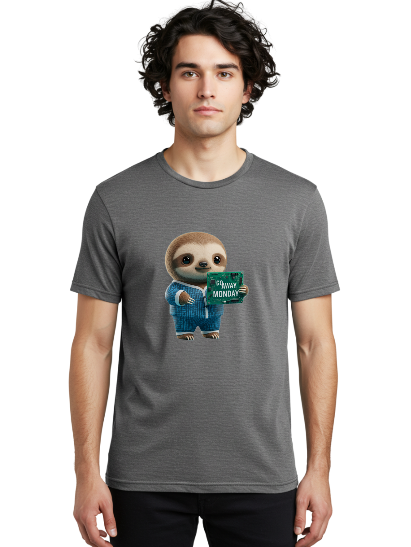 Go-Away-Monday-Sloth-2 Men'S Graphic Tee, 100% Cotton, Comfortable Casual Summer Wear, Machine Washable, Funny Sloth In Pajamas, Lazy Sloth Mascot, Cartoon Character Holding Sign, Go Away Monday, Humorous Illustration, Monday Motivation, Bae458