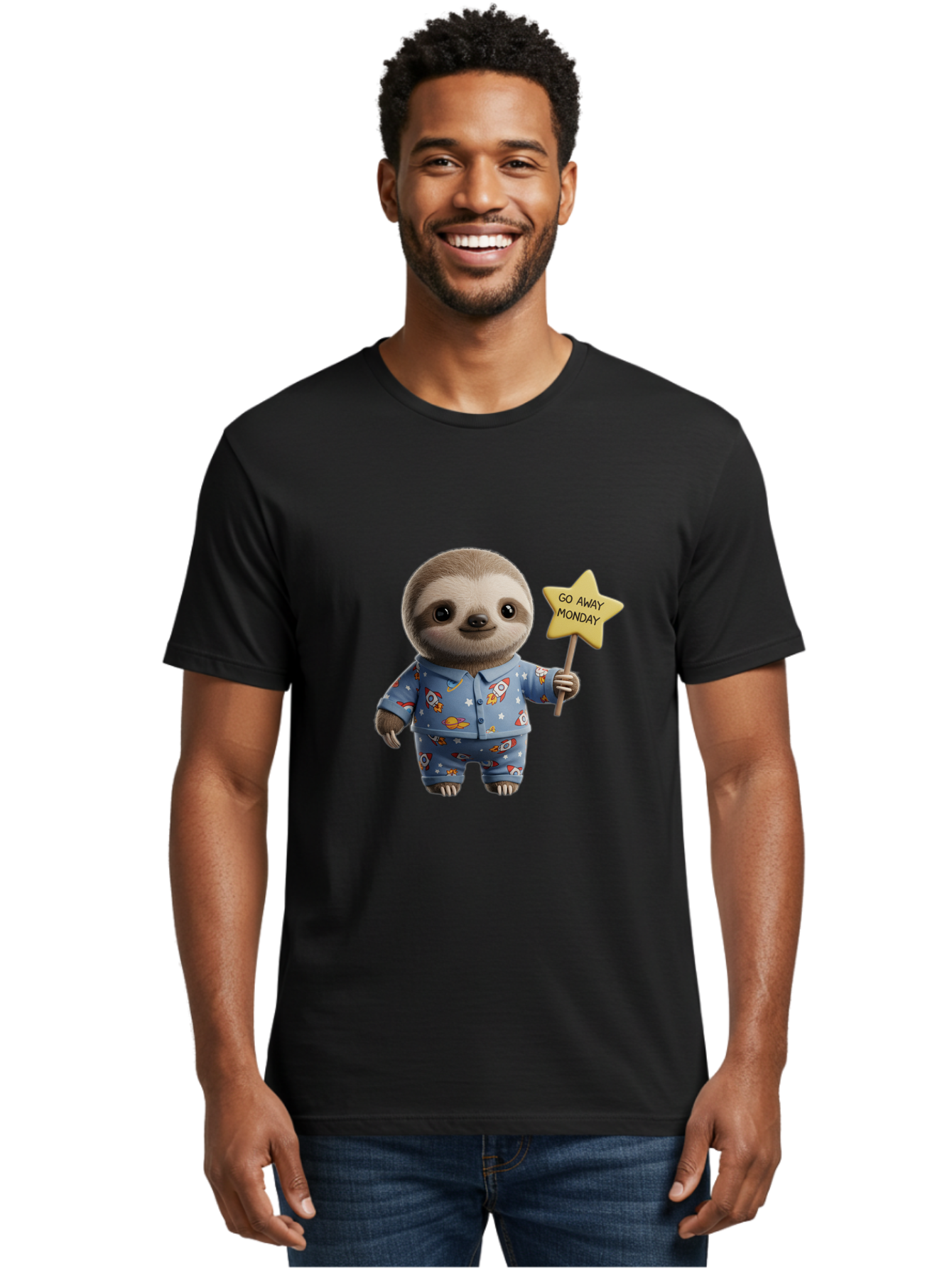 Go-Away-Monday-Sloth-3 Men'S Graphic Tee, 100% Cotton, Comfortable Casual Summer Wear, Machine Washable, Cute Sloth, Funny Sloth, Sloth In Pajamas, Space Themed, Cartoon Character, Go Away Monday Sign, Humorous Illustration, Quirky Design, Bae459