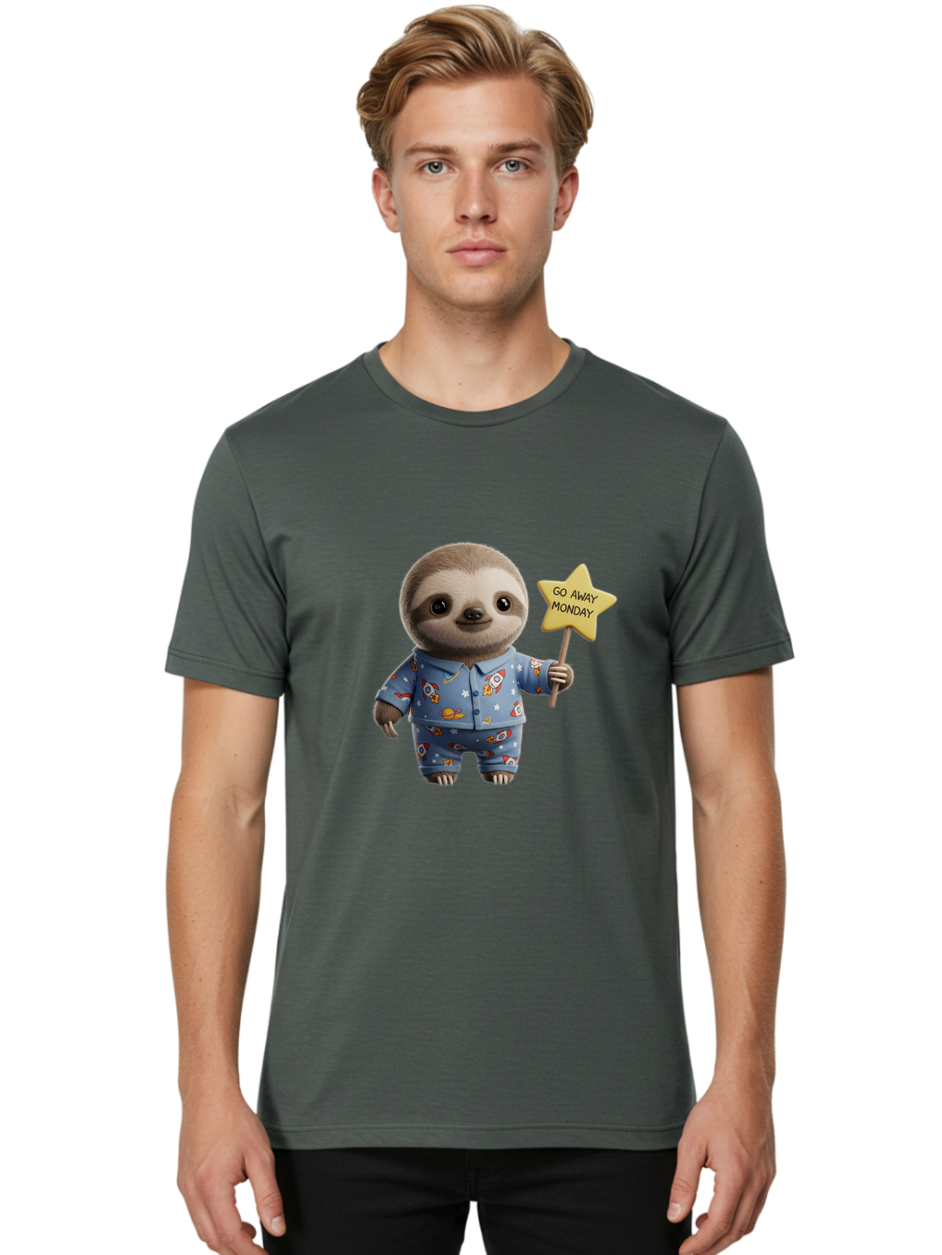 Go-Away-Monday-Sloth-3 Men'S Graphic Tee, 100% Cotton, Comfortable Casual Summer Wear, Machine Washable, Cute Sloth, Funny Sloth, Sloth In Pajamas, Space Themed, Cartoon Character, Go Away Monday Sign, Humorous Illustration, Quirky Design, Bae459