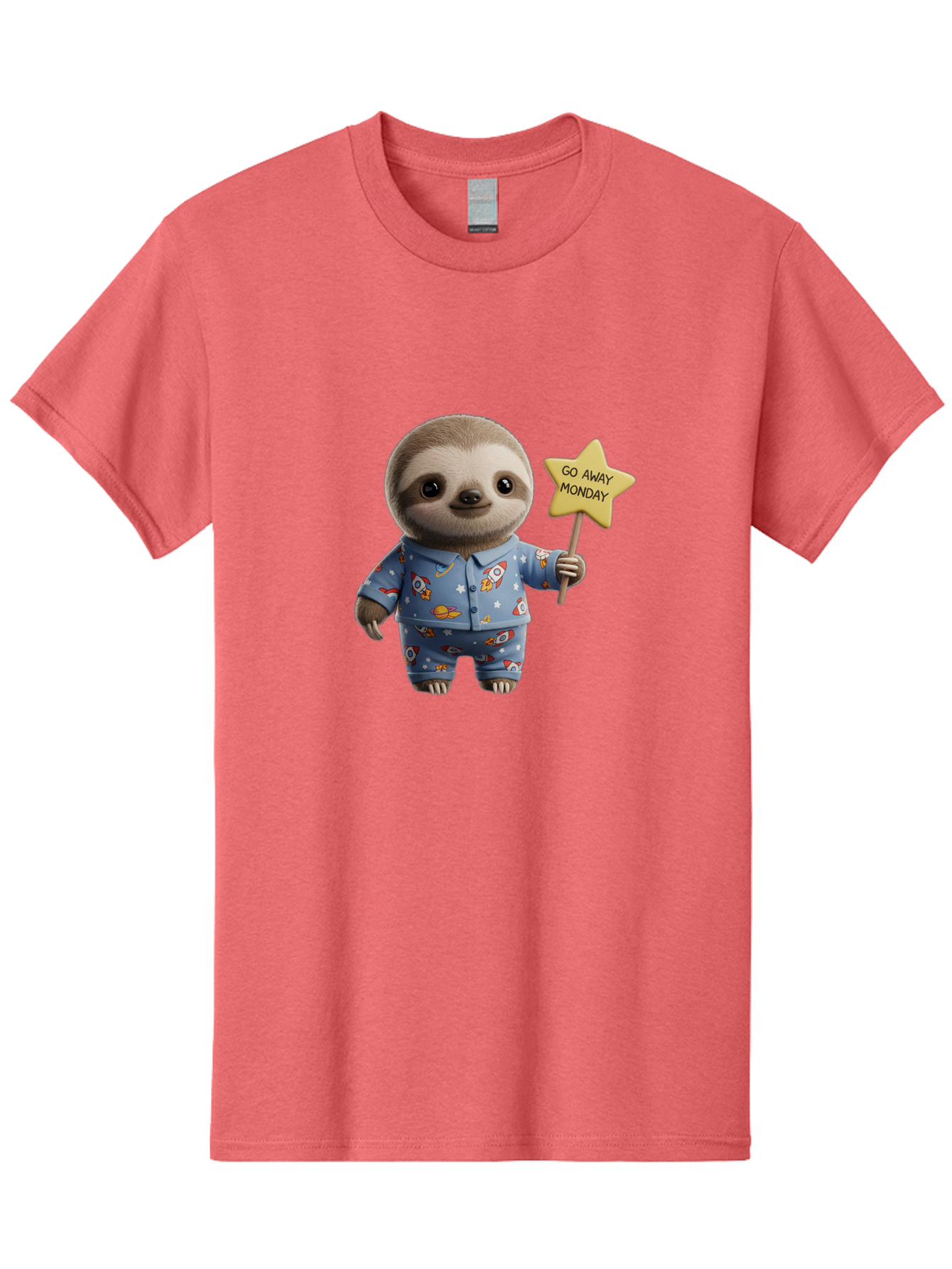 Go-Away-Monday-Sloth-3 Men'S Graphic Tee, 100% Cotton, Comfortable Casual Summer Wear, Machine Washable, Cute Sloth, Funny Sloth, Sloth In Pajamas, Space Themed, Cartoon Character, Go Away Monday Sign, Humorous Illustration, Quirky Design, Bae459