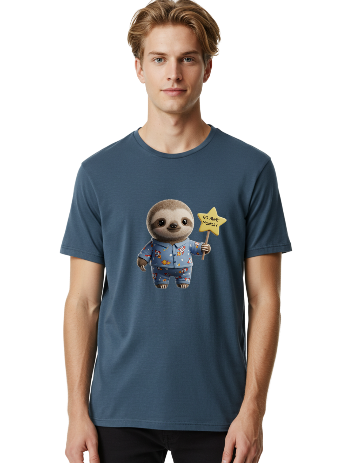 Go-Away-Monday-Sloth-3 Men'S Graphic Tee, 100% Cotton, Comfortable Casual Summer Wear, Machine Washable, Cute Sloth, Funny Sloth, Sloth In Pajamas, Space Themed, Cartoon Character, Go Away Monday Sign, Humorous Illustration, Quirky Design, Bae459
