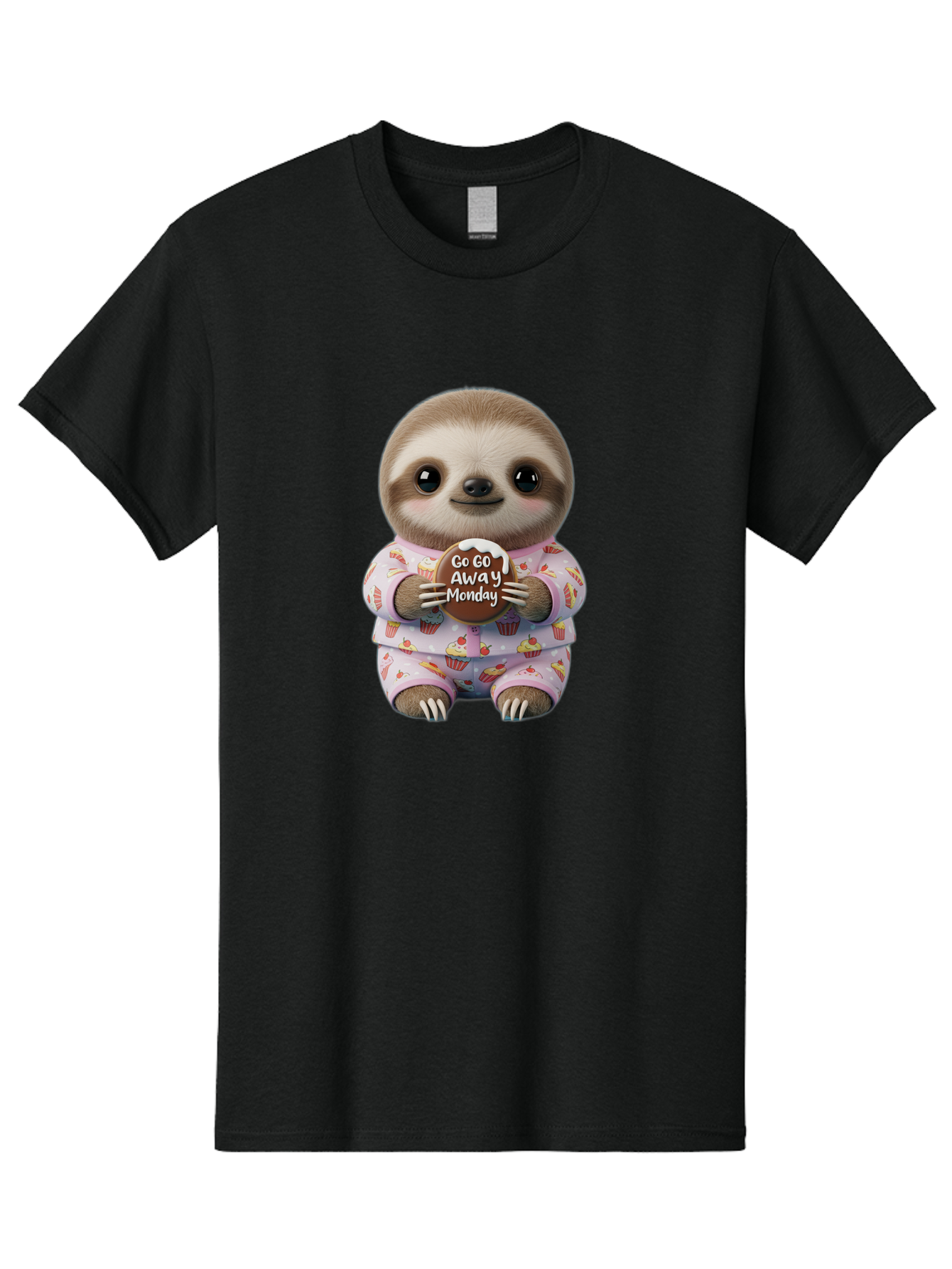 Go-Go-Away-Monday-Sloth Men'S Graphic Tee, 100% Cotton, Comfortable Casual Summer Wear, Machine Washable, Cute Sloth, Funny Sloth, Sloth In Pajamas, Cupcake Patterned, Holding Chocolate, Go Away Monday, Monday Blues, Humorous Illustration Bae461