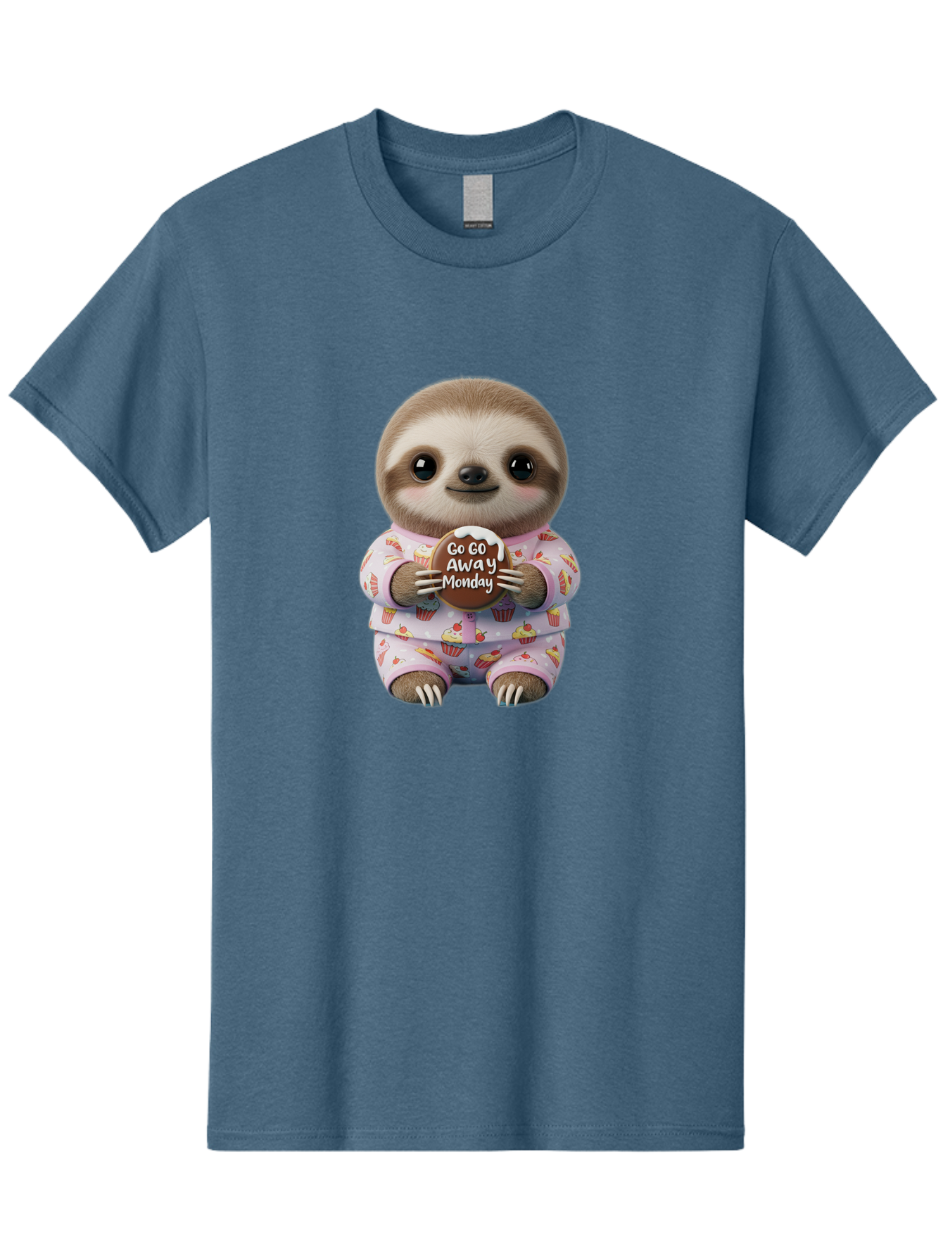 Go-Go-Away-Monday-Sloth Men'S Graphic Tee, 100% Cotton, Comfortable Casual Summer Wear, Machine Washable, Cute Sloth, Funny Sloth, Sloth In Pajamas, Cupcake Patterned, Holding Chocolate, Go Away Monday, Monday Blues, Humorous Illustration Bae461