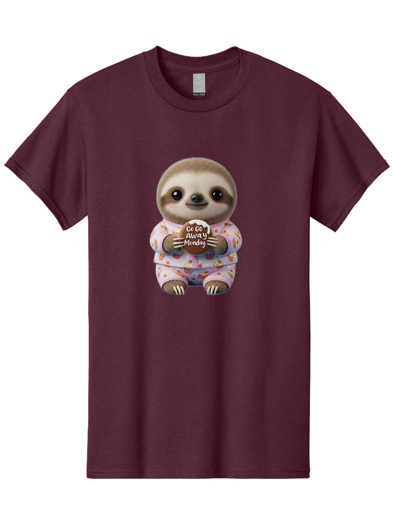 Go-Go-Away-Monday-Sloth Men'S Graphic Tee, 100% Cotton, Comfortable Casual Summer Wear, Machine Washable, Cute Sloth, Funny Sloth, Sloth In Pajamas, Cupcake Patterned, Holding Chocolate, Go Away Monday, Monday Blues, Humorous Illustration Bae461