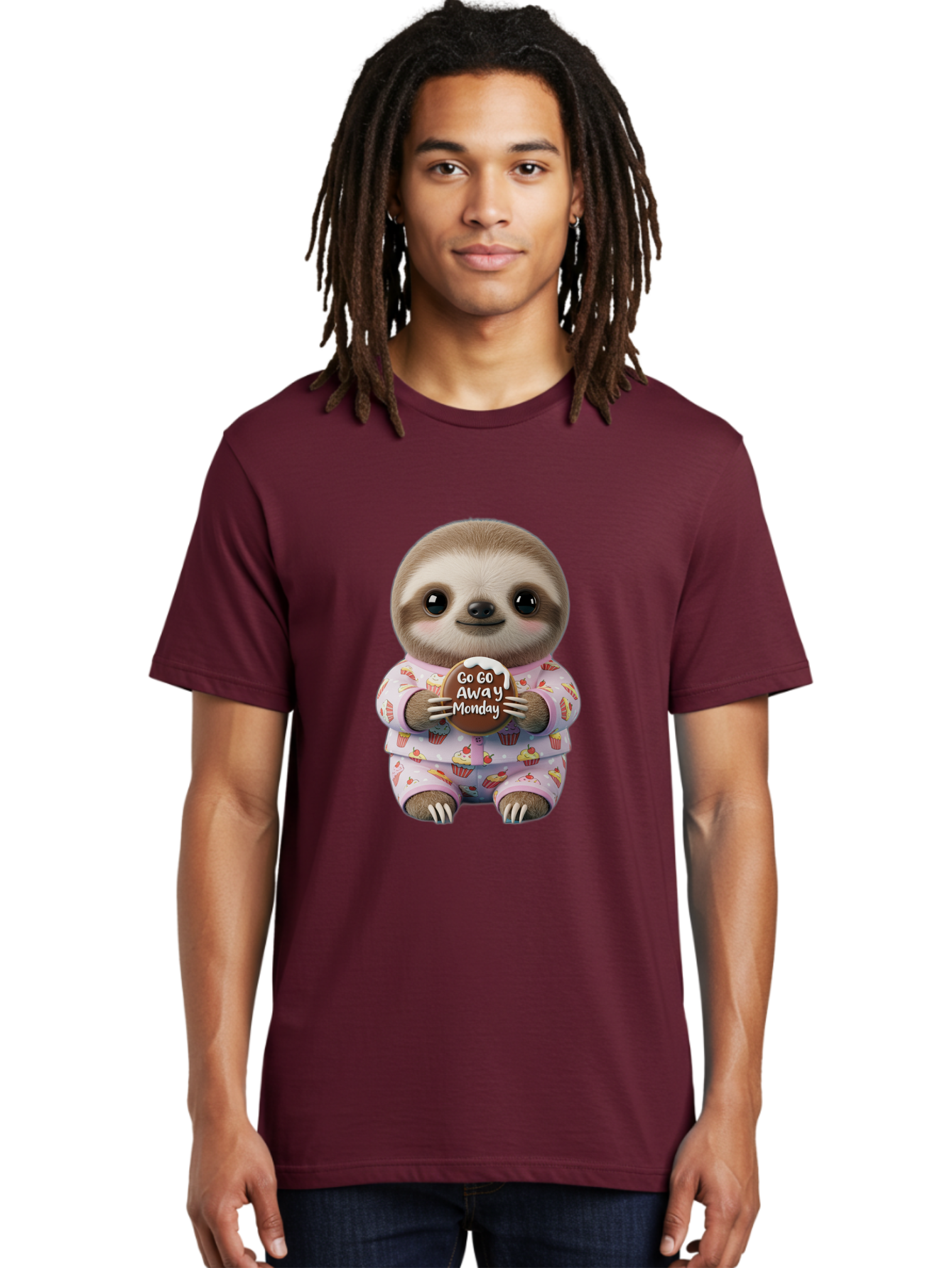 Go-Go-Away-Monday-Sloth Men'S Graphic Tee, 100% Cotton, Comfortable Casual Summer Wear, Machine Washable, Cute Sloth, Funny Sloth, Sloth In Pajamas, Cupcake Patterned, Holding Chocolate, Go Away Monday, Monday Blues, Humorous Illustration Bae461