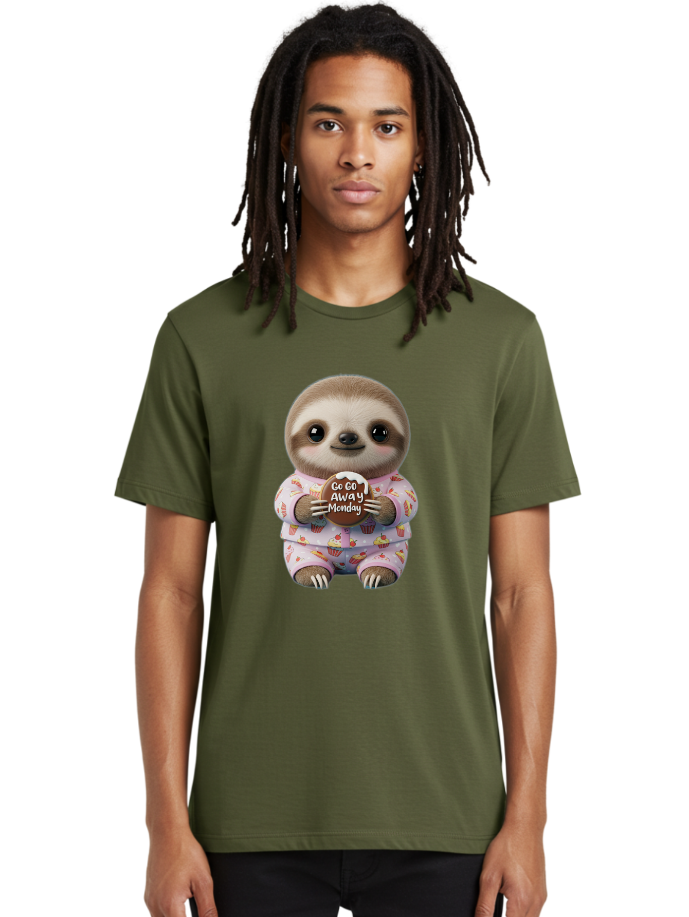 Go-Go-Away-Monday-Sloth Men'S Graphic Tee, 100% Cotton, Comfortable Casual Summer Wear, Machine Washable, Cute Sloth, Funny Sloth, Sloth In Pajamas, Cupcake Patterned, Holding Chocolate, Go Away Monday, Monday Blues, Humorous Illustration Bae461