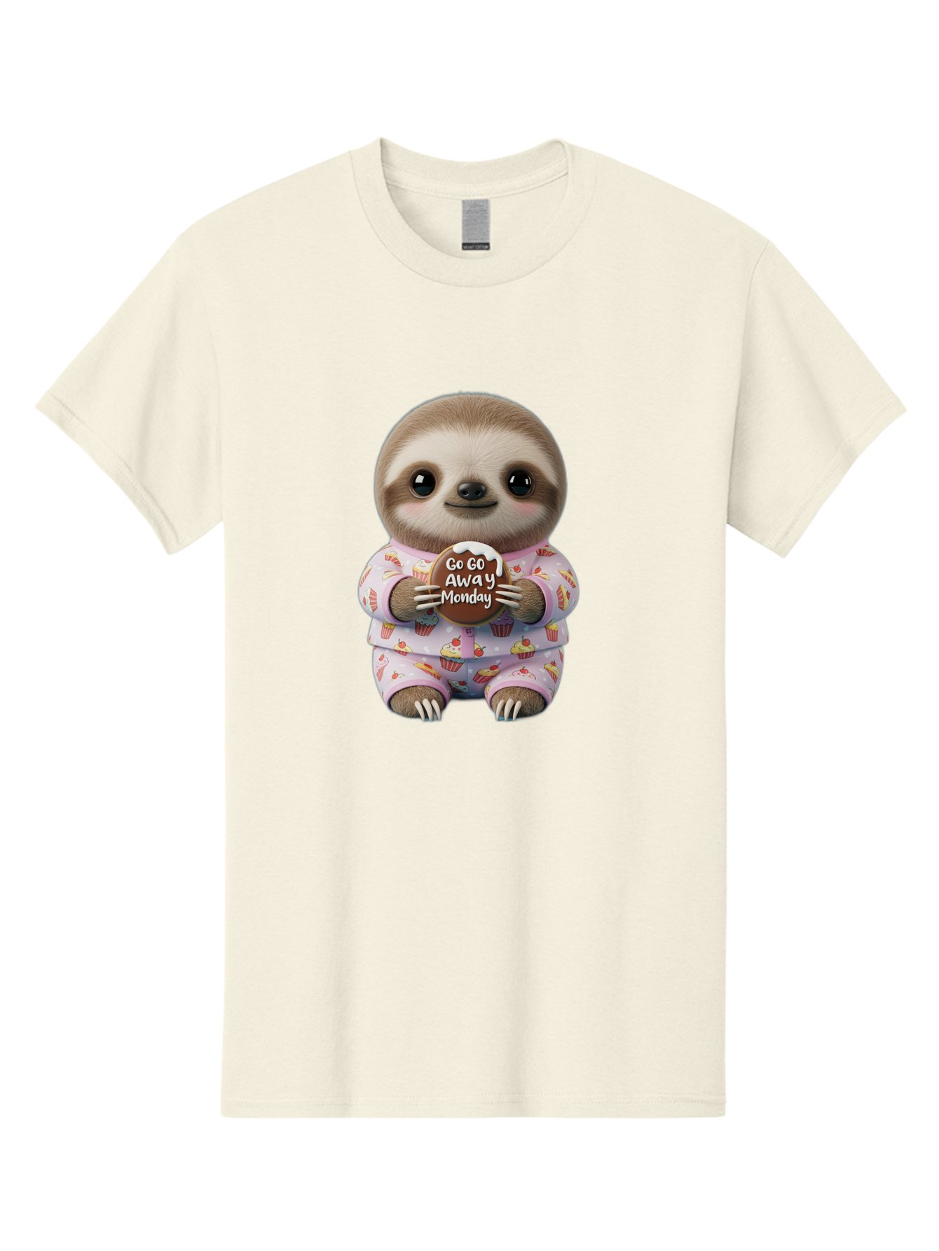 Go-Go-Away-Monday-Sloth Men'S Graphic Tee, 100% Cotton, Comfortable Casual Summer Wear, Machine Washable, Cute Sloth, Funny Sloth, Sloth In Pajamas, Cupcake Patterned, Holding Chocolate, Go Away Monday, Monday Blues, Humorous Illustration Bae461