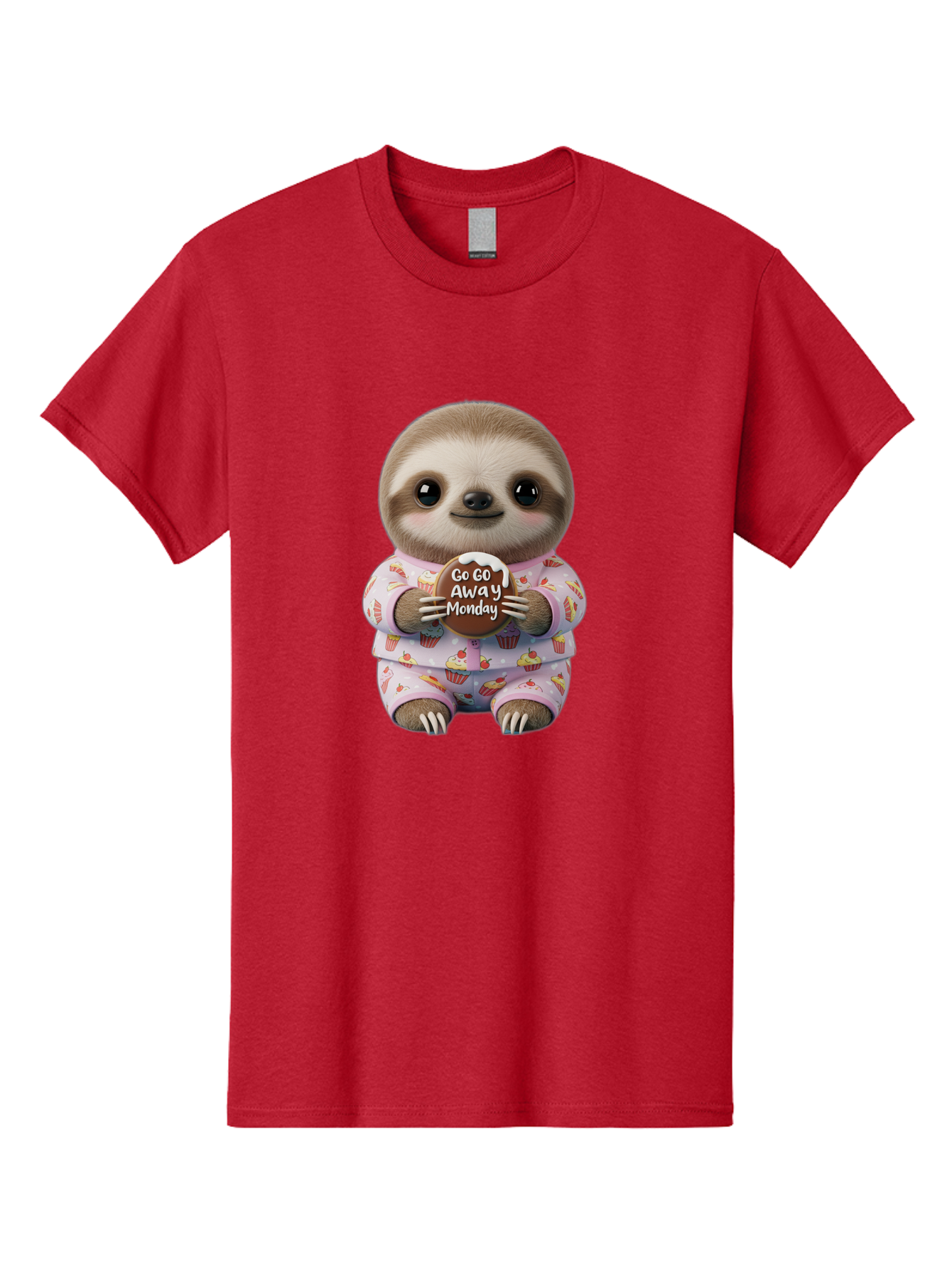 Go-Go-Away-Monday-Sloth Men'S Graphic Tee, 100% Cotton, Comfortable Casual Summer Wear, Machine Washable, Cute Sloth, Funny Sloth, Sloth In Pajamas, Cupcake Patterned, Holding Chocolate, Go Away Monday, Monday Blues, Humorous Illustration Bae461