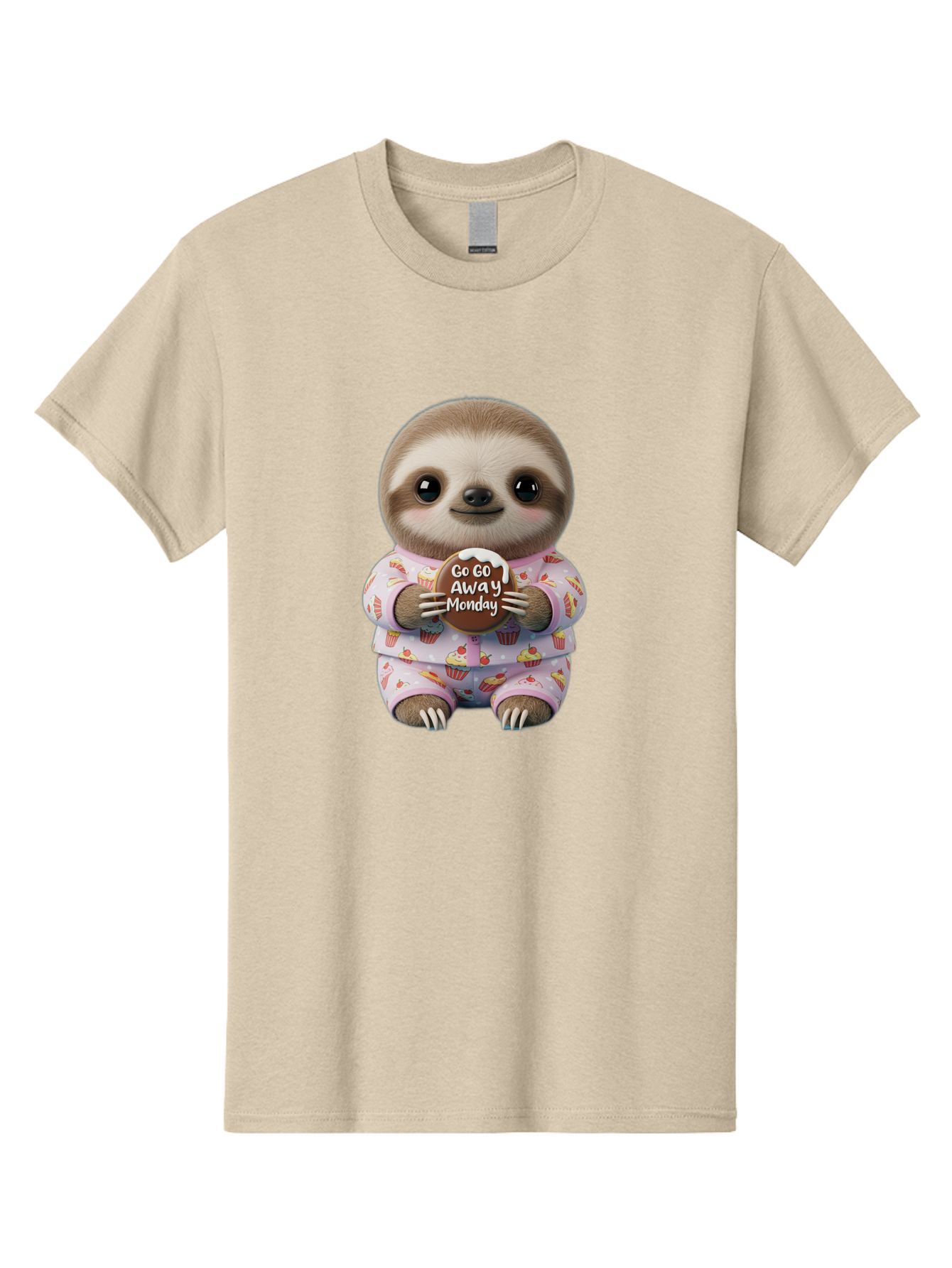 Go-Go-Away-Monday-Sloth Men'S Graphic Tee, 100% Cotton, Comfortable Casual Summer Wear, Machine Washable, Cute Sloth, Funny Sloth, Sloth In Pajamas, Cupcake Patterned, Holding Chocolate, Go Away Monday, Monday Blues, Humorous Illustration Bae461