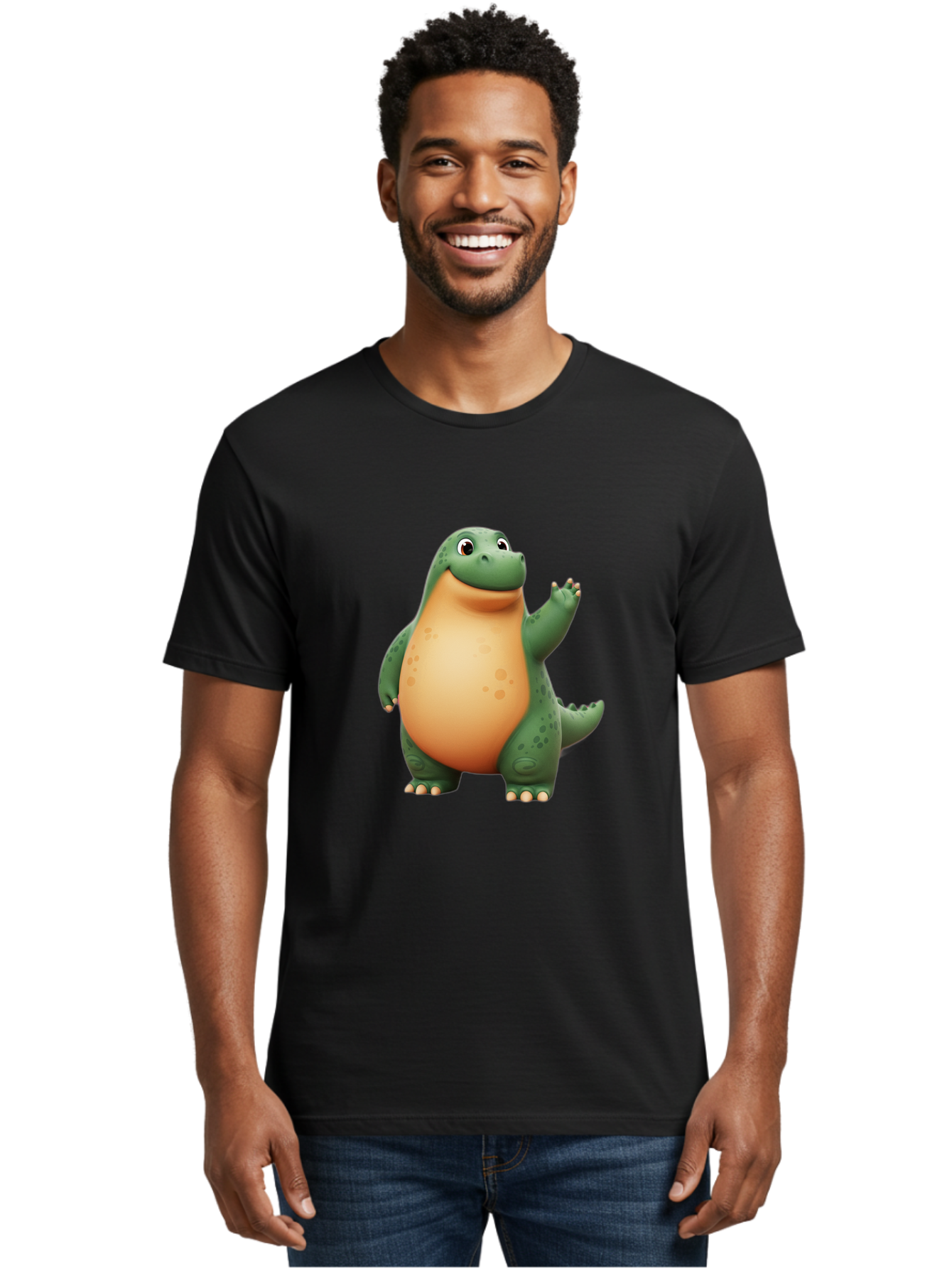 Green-Dinosaur Men'S Graphic Tee, 100% Cotton, Comfortable Casual Summer Wear, Machine Washable, Cartoon T-Rex, Smiling Dinosaur, Green And Orange Creature, Cute Prehistoric Animal, Friendly Monster, Dinosaur Waving, Dinosaur With Big Belly Bae463