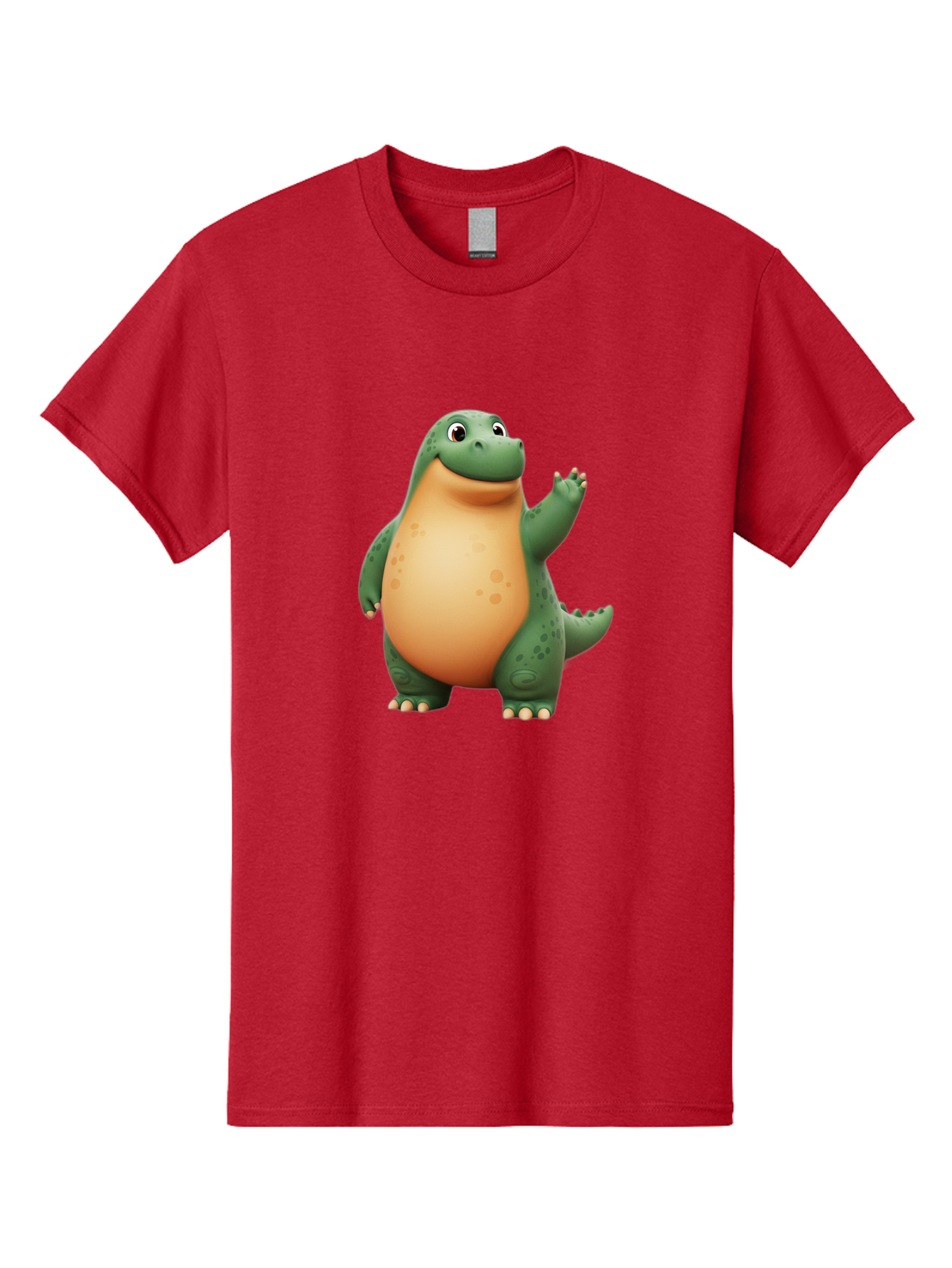 Green-Dinosaur Men'S Graphic Tee, 100% Cotton, Comfortable Casual Summer Wear, Machine Washable, Cartoon T-Rex, Smiling Dinosaur, Green And Orange Creature, Cute Prehistoric Animal, Friendly Monster, Dinosaur Waving, Dinosaur With Big Belly Bae463