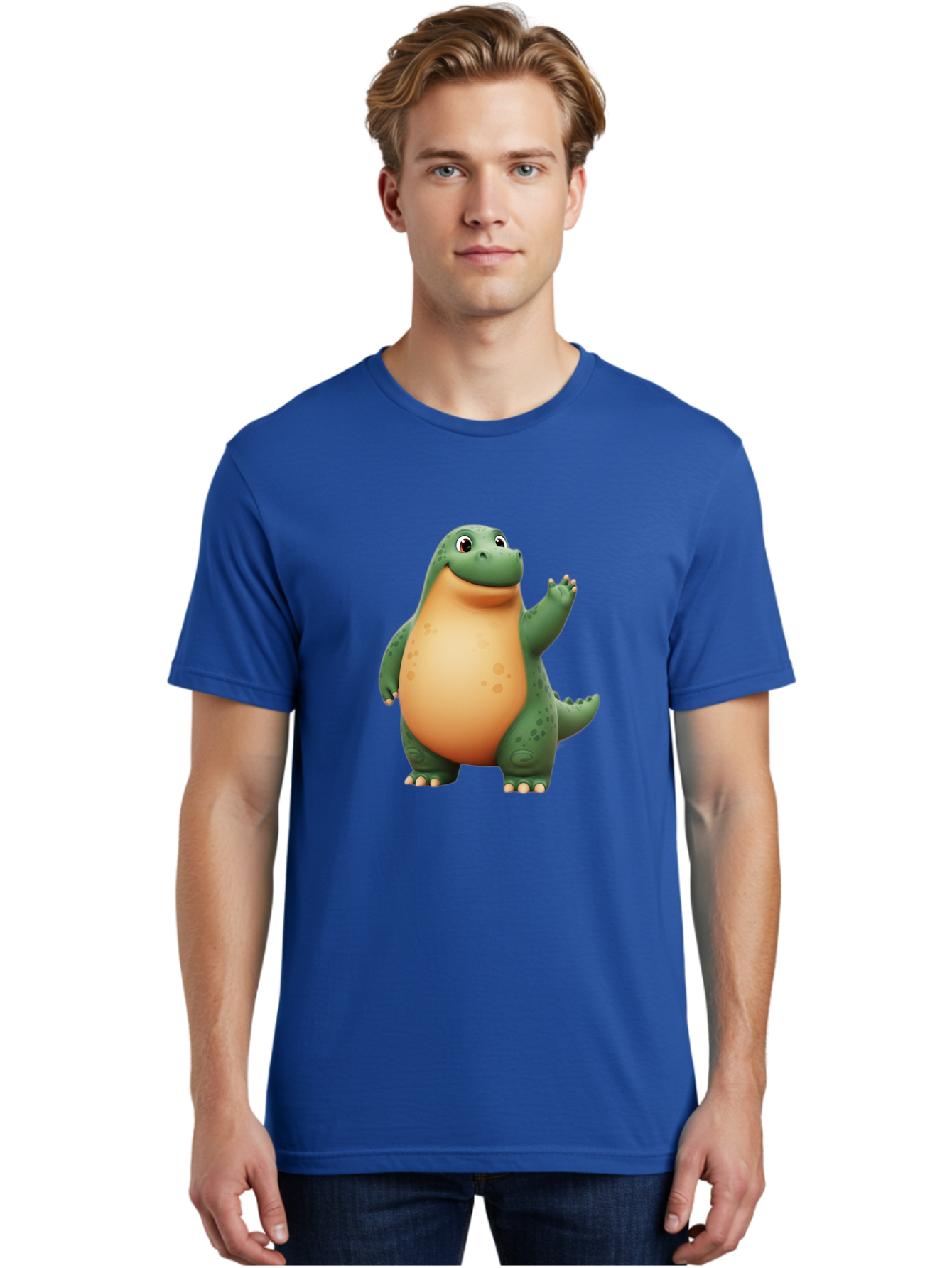 Green-Dinosaur Men'S Graphic Tee, 100% Cotton, Comfortable Casual Summer Wear, Machine Washable, Cartoon T-Rex, Smiling Dinosaur, Green And Orange Creature, Cute Prehistoric Animal, Friendly Monster, Dinosaur Waving, Dinosaur With Big Belly Bae463