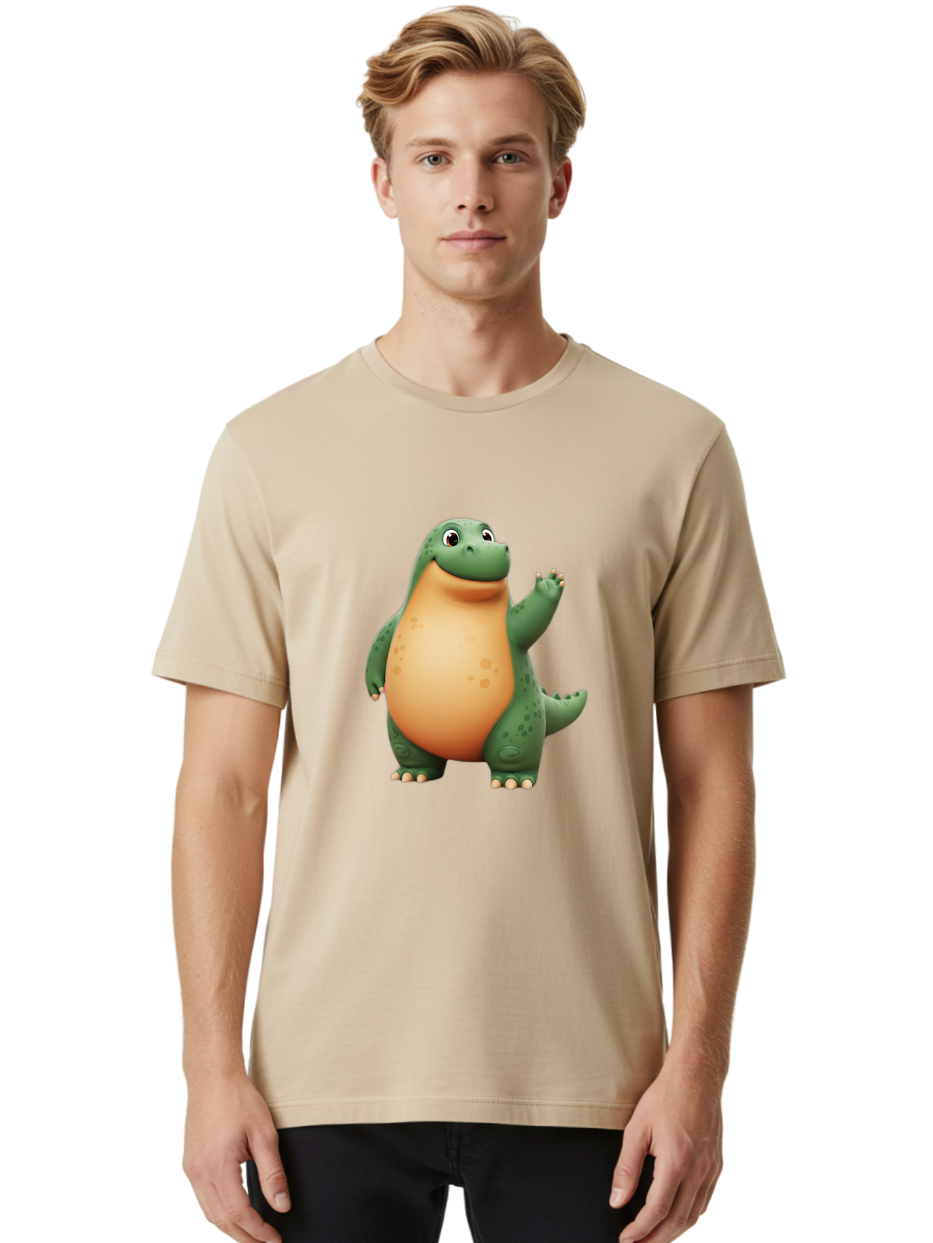 Green-Dinosaur Men'S Graphic Tee, 100% Cotton, Comfortable Casual Summer Wear, Machine Washable, Cartoon T-Rex, Smiling Dinosaur, Green And Orange Creature, Cute Prehistoric Animal, Friendly Monster, Dinosaur Waving, Dinosaur With Big Belly Bae463