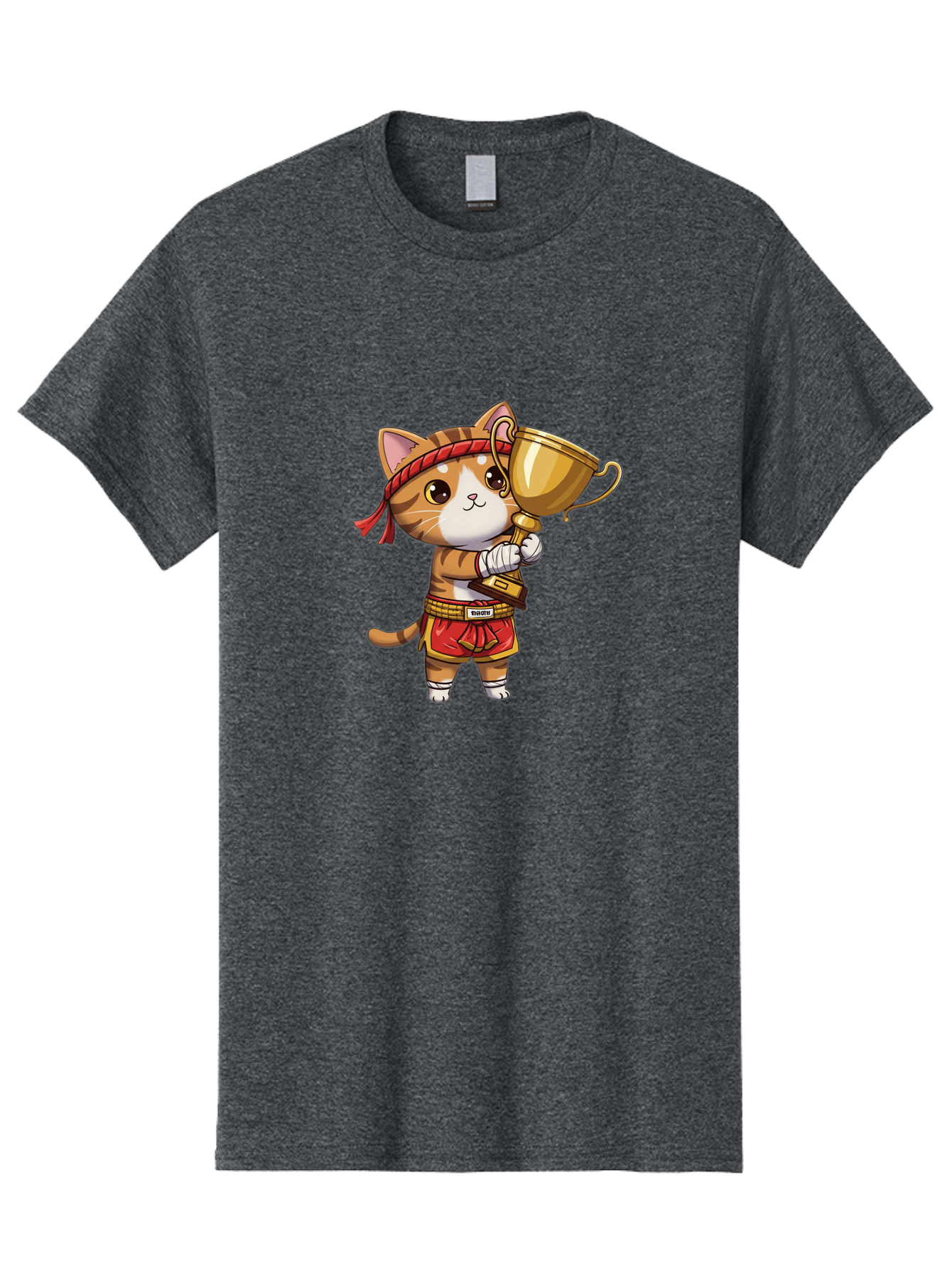 Gudetama-Cat Men'S Graphic Tee, 100% Cotton, Comfortable Casual Summer Wear, Machine Washable, Cartoon Cat, Muay Thai Fighter, Golden Trophy, Martial Arts, Winner, Champion, Adorable Cat, Red Shorts, Headband, Victorious, Celebratory Bae464